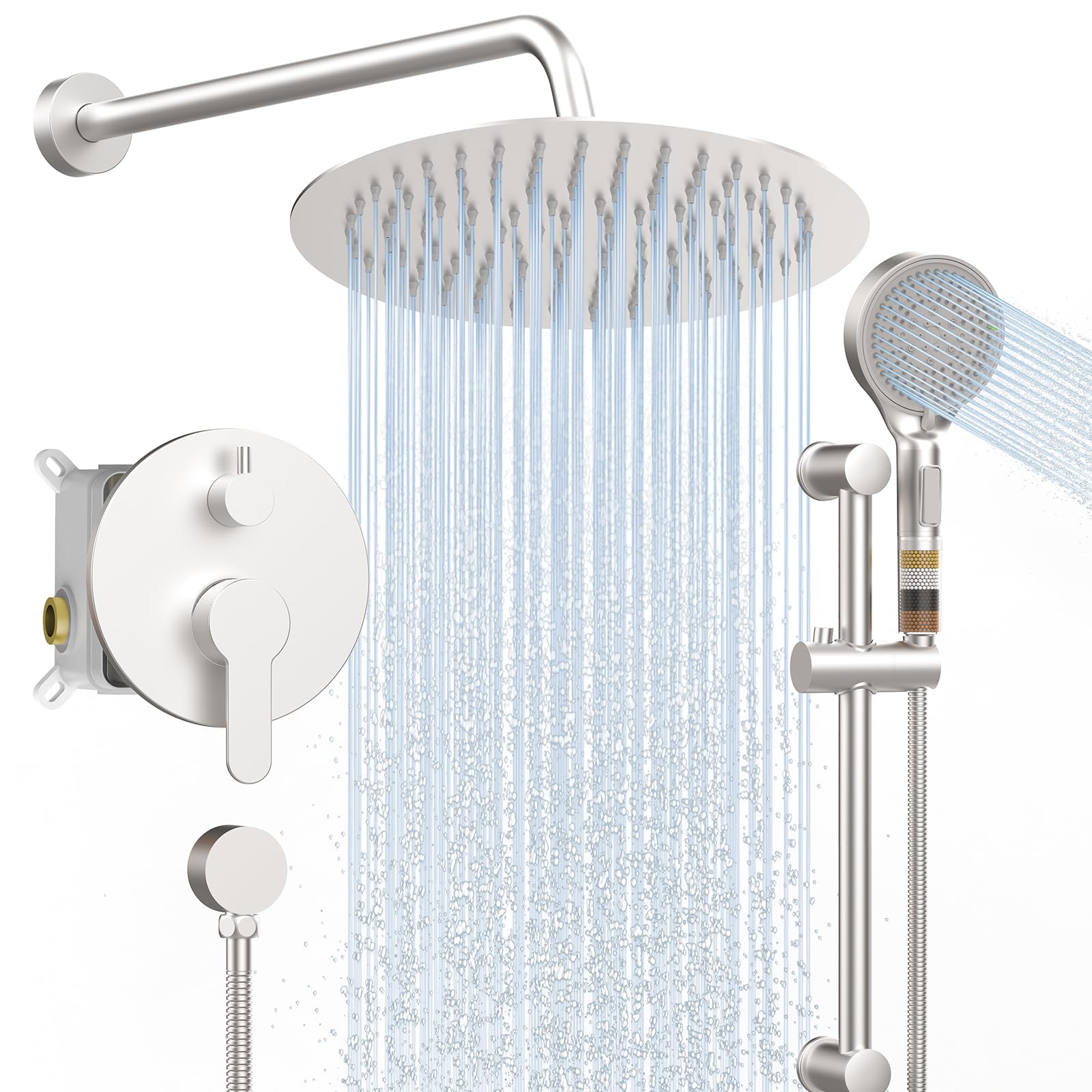 TEPU Shower System 12 Inch, Slide Bar Shower Faucet Set Complete Rainfall Shower Head and 3 Layer Filter 6 Setting Handheld Sprayer Combo, Shower Valve and Trim Kit Fixtures, Brushed Nickel, Round
