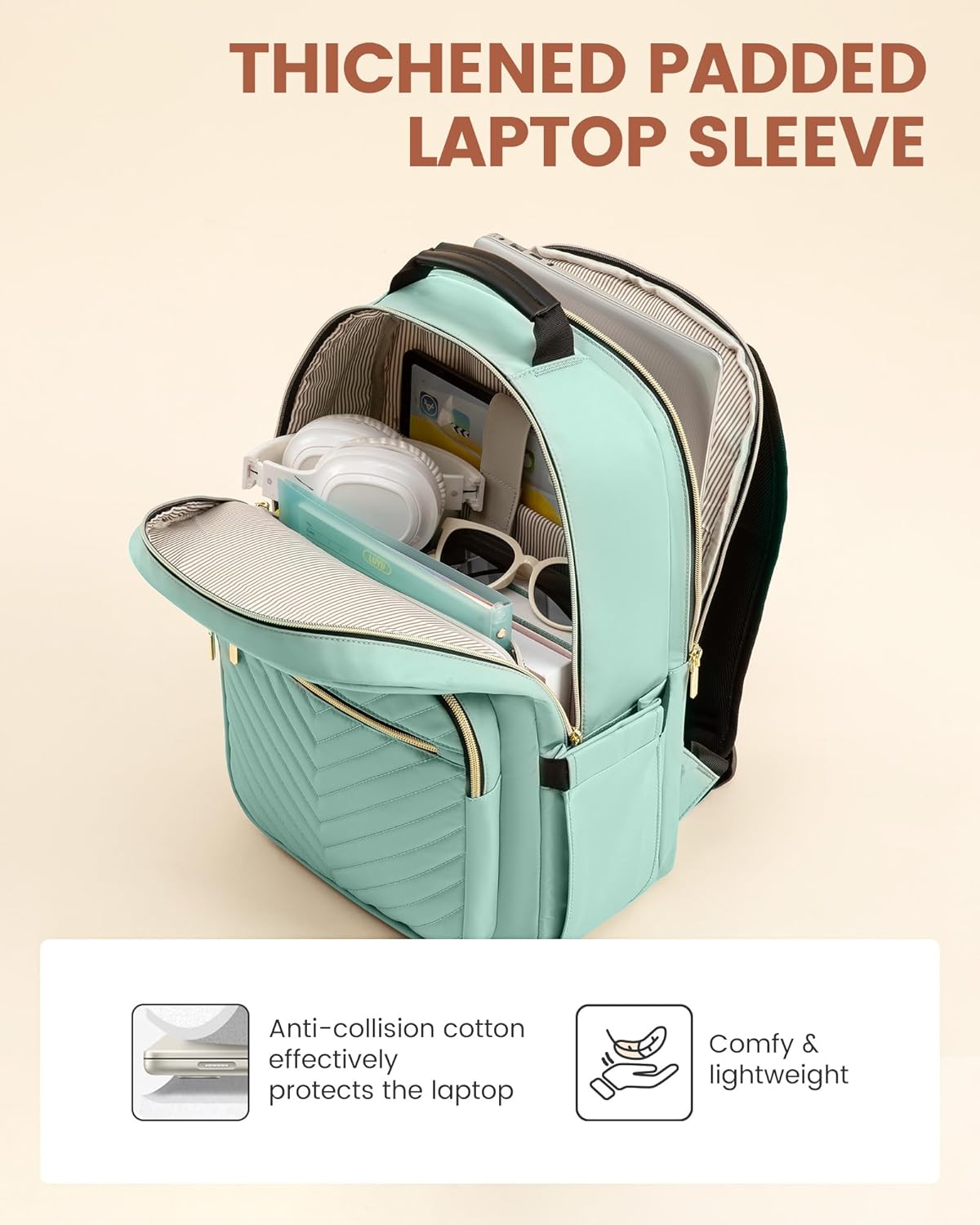 LOVEVOOK Laptop Backpack for Women with Giant Tumbler Holder 15.6 inch,Designer Travel Backpack Laptop Bag College Backpack,Quilted Work Nurse Teacher Backpack Purse Computer Bag Daypack,Mint Green - Image 4