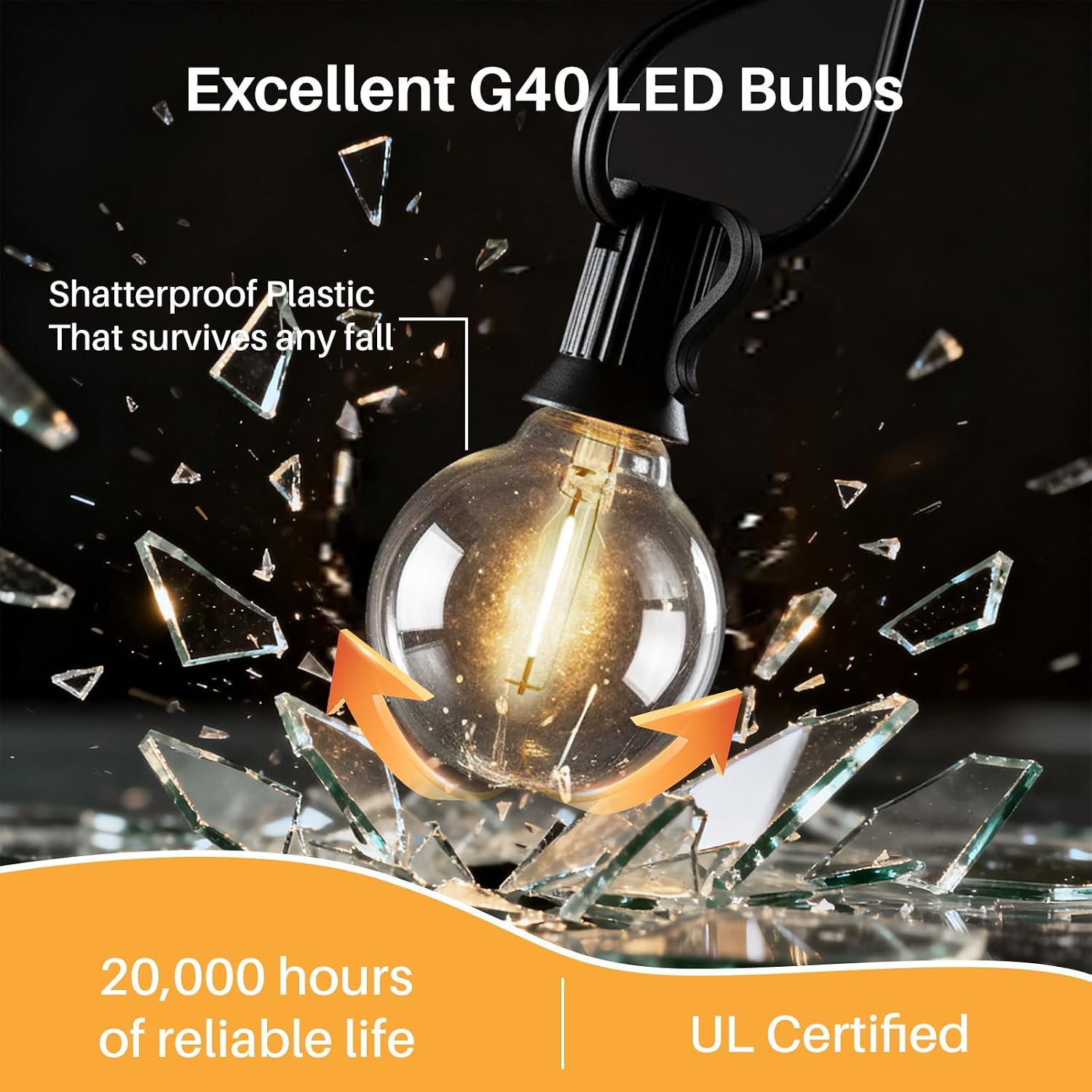 50 FT 2700K Outdoor String Lights,26 Plastic Edison Bulbs, E12 Base | G40 globe shatterproof bulbs, IP65 waterproof, dimmable LED, for backyard porch balcony party decor