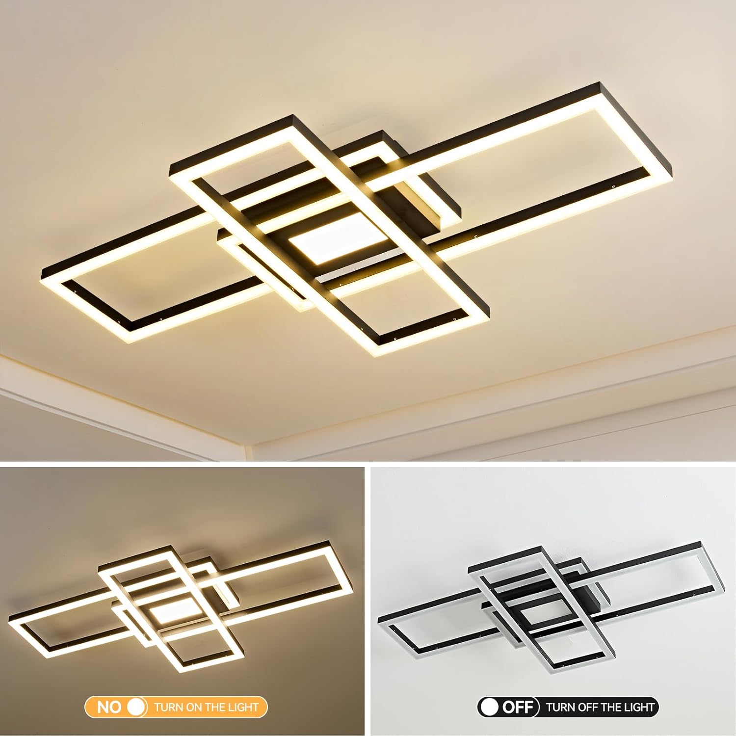 Modern LED Ceiling Light, Black Flush Mount Ceiling Lights, LED Chandelier 36" Square Bedroom Light Fixture, APP and Remote Control for Kitchen, Dining Room, Living Room, Office
