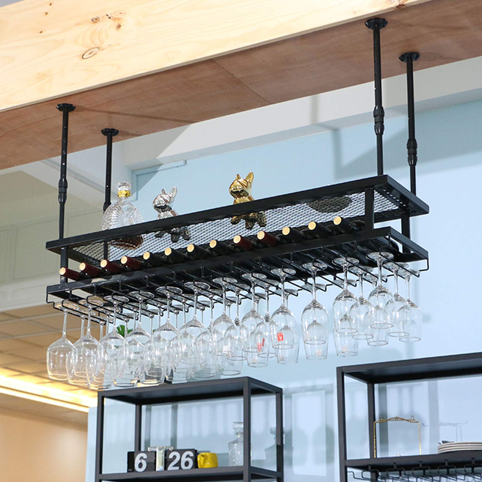 Casier à vin suspendu étagère de bar industrielle en métal et porte-verre réglable