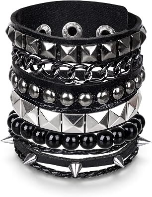 4 Pcs Punk Rock Leather Studded Bracelets,Retro 80s Gothic Cuff Bracelet,Emo Accessories Set for Men Women Rocker Outfits