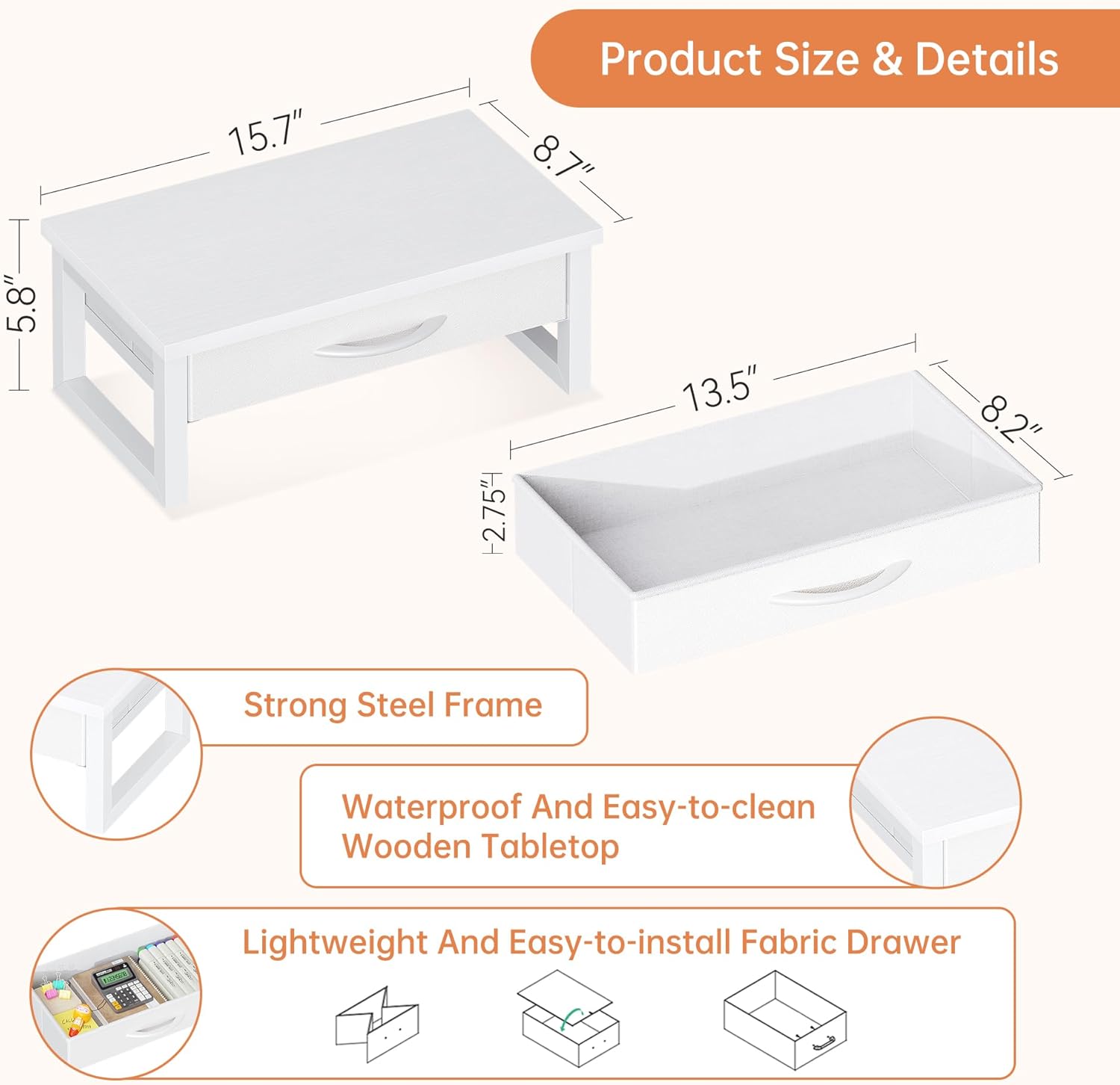 Desk Organizers and Accessories, Computer Monitor Stand Riser with Drawer, White Laptop Stand for Desk with Storage, Office Organization, Wood