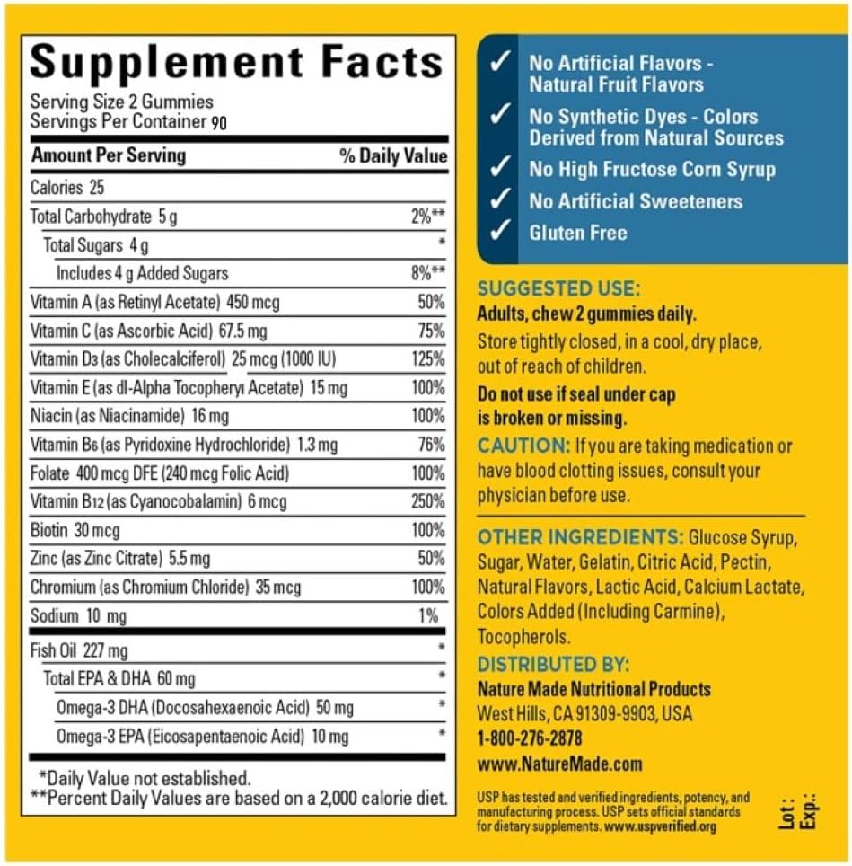Nature Made Multivitamin + Omega-3, Multivitamin Gummies for Him, Daily Nutritional Support, 180 Adult Gummy Vitamins & Minerals, 90 Day Supply