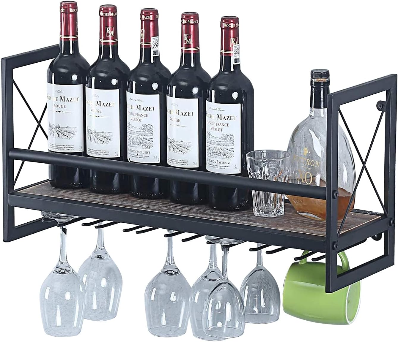 Wall Mounted Wine Rack, Metal and Wooden Wine Shelf with Glass Holder Bottle Champagne Goblets Stemware Rack Holders Floating Hanging Rustic Wine Holder for Kitchen, Home - 60Cm