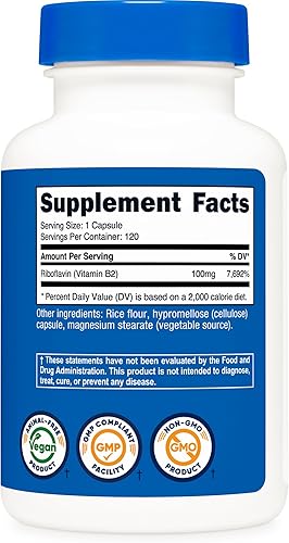 Miniatura 5 de Nutricost Vitamina B2 (riboflavina) 100 mg, 120 cápsulas, sin gluten y sin OMG (paquete de 2)