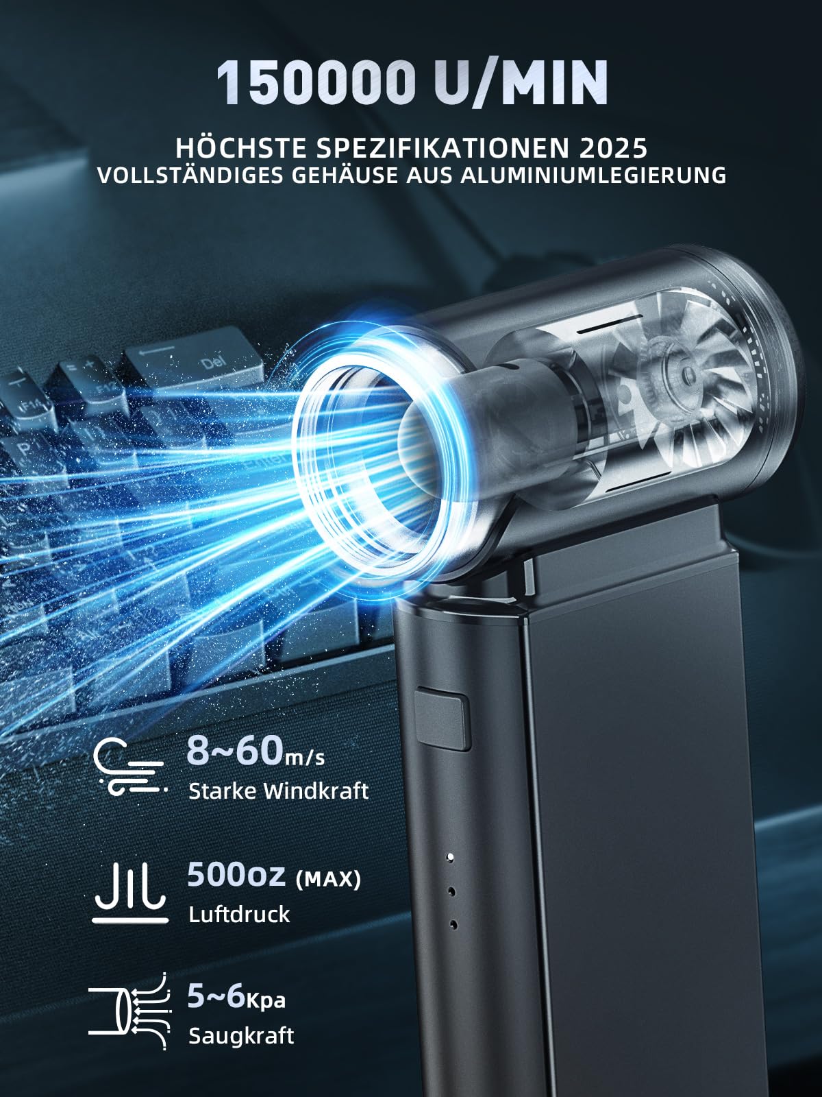 Smiling Shark Elektrische Staubgebläse Luftdruckspray, J02 Superkraft 150000U/Min aus Aluminum Mini-Gebläse mit 2 Modi (Normal&Sturm) und 8000mAh Akku für PC Reinigung/Tastatur/Haus/Auto, (Schwarz)