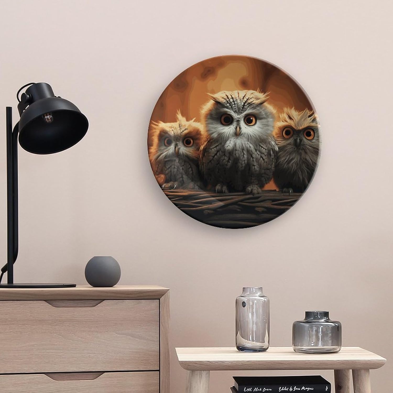 Cute Owl Baby Ceramic Plate 10inch Decorative Bone China Wall Hanging Ornament Plates Bohemian Style Dinner Plate with Display Stand Cabinet Display Plates for Home Art Decor