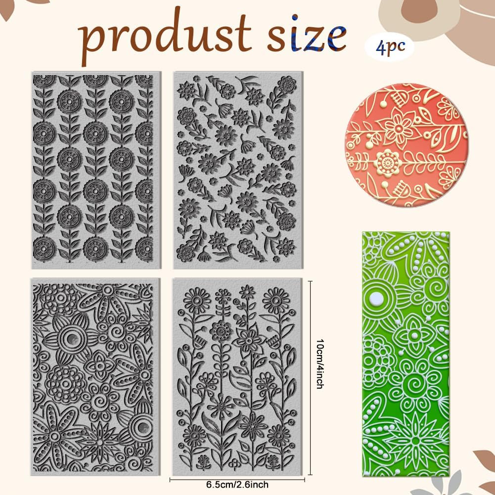 CHGCRAFT 4 Sheets Abstract Flowers Polymer Clay Texture Mat Seamless Pattern Clay Modeling Pattern Pad Geometric Flowers Texture Sheets for Polymer Clay Making Earrings Jewerly Tools, 4×2.6 inch