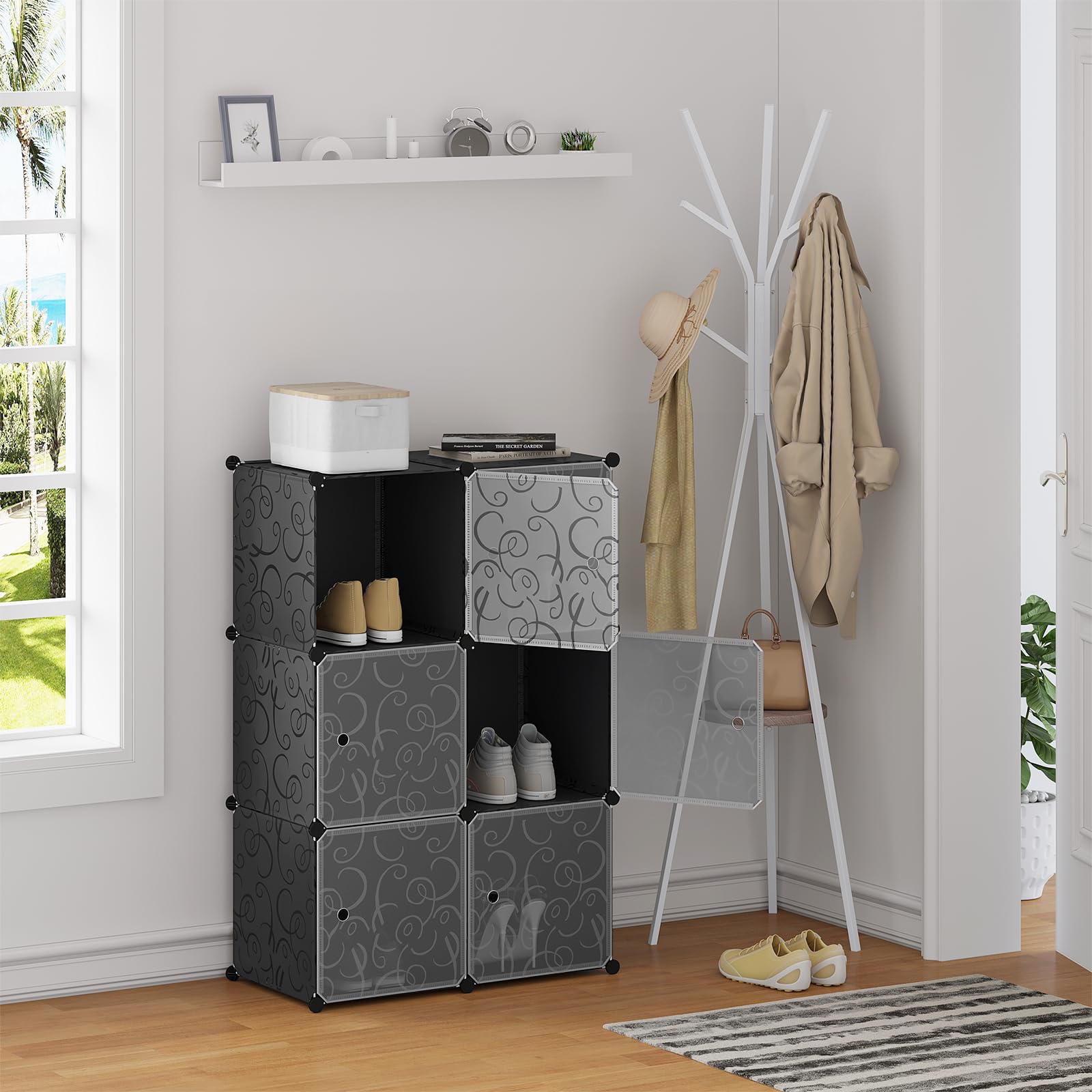 WOLTU Armoire de Rangement Plastique, Meuble de Rangement Modulable, Étagère Chaussures, Armoire Cube avec Portes pour Vêtements, Jouets, Livres,Chaussures, 6 Casiers, Noir