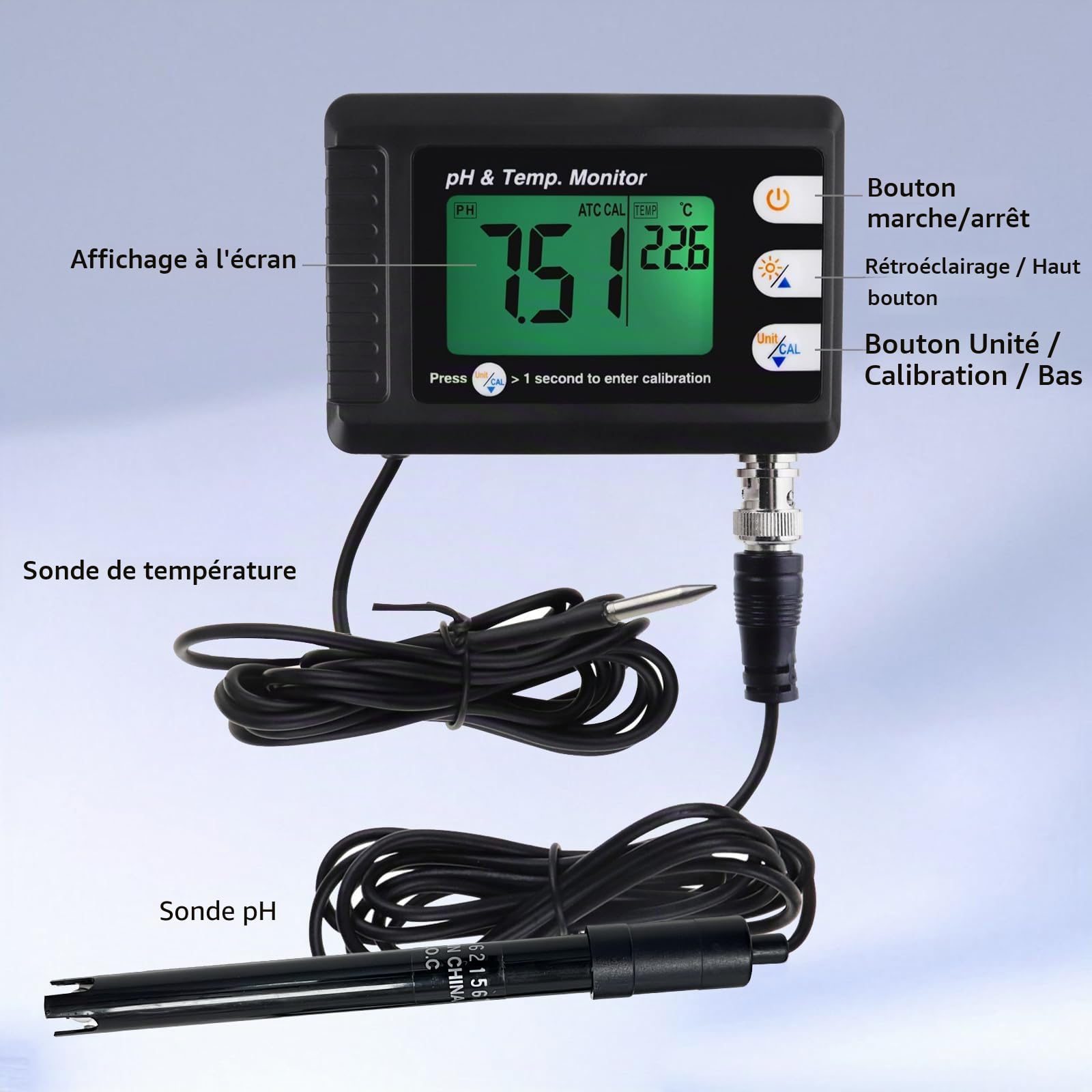 Thermomètre numérique combiné pH et température, moniteur de pH pour aquarium avec fonction d'étalonnage automatique pour aquarium, hydroponie, laboratoire d'aquaculture