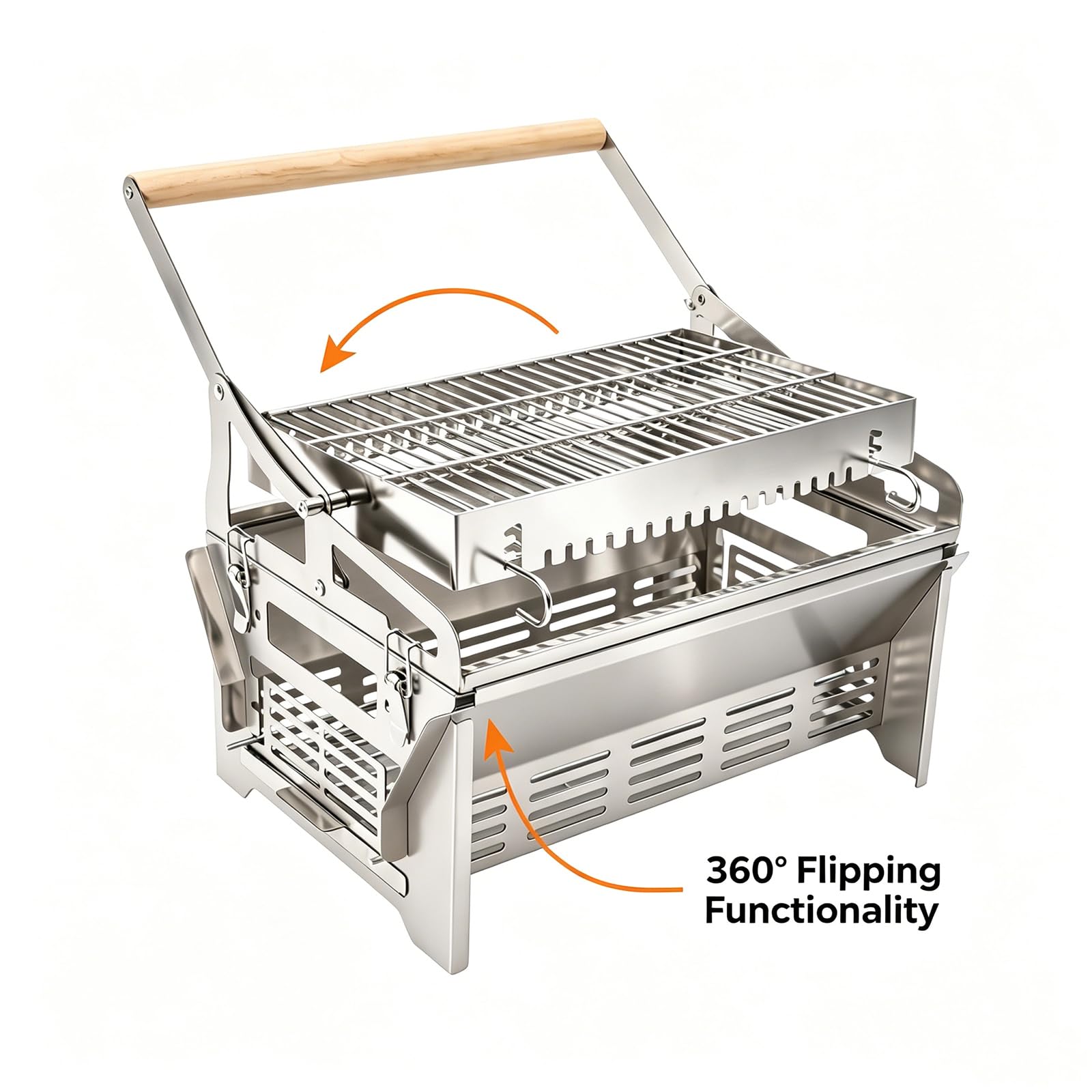 Barbecue a carbonella portatile 2 in 1, barbecue da picnic in acciaio inox | Barbecue a carbonella pieghevole girevole a 360°, portatile, rimovibile, come barbecue e braciere per picnic e giardino