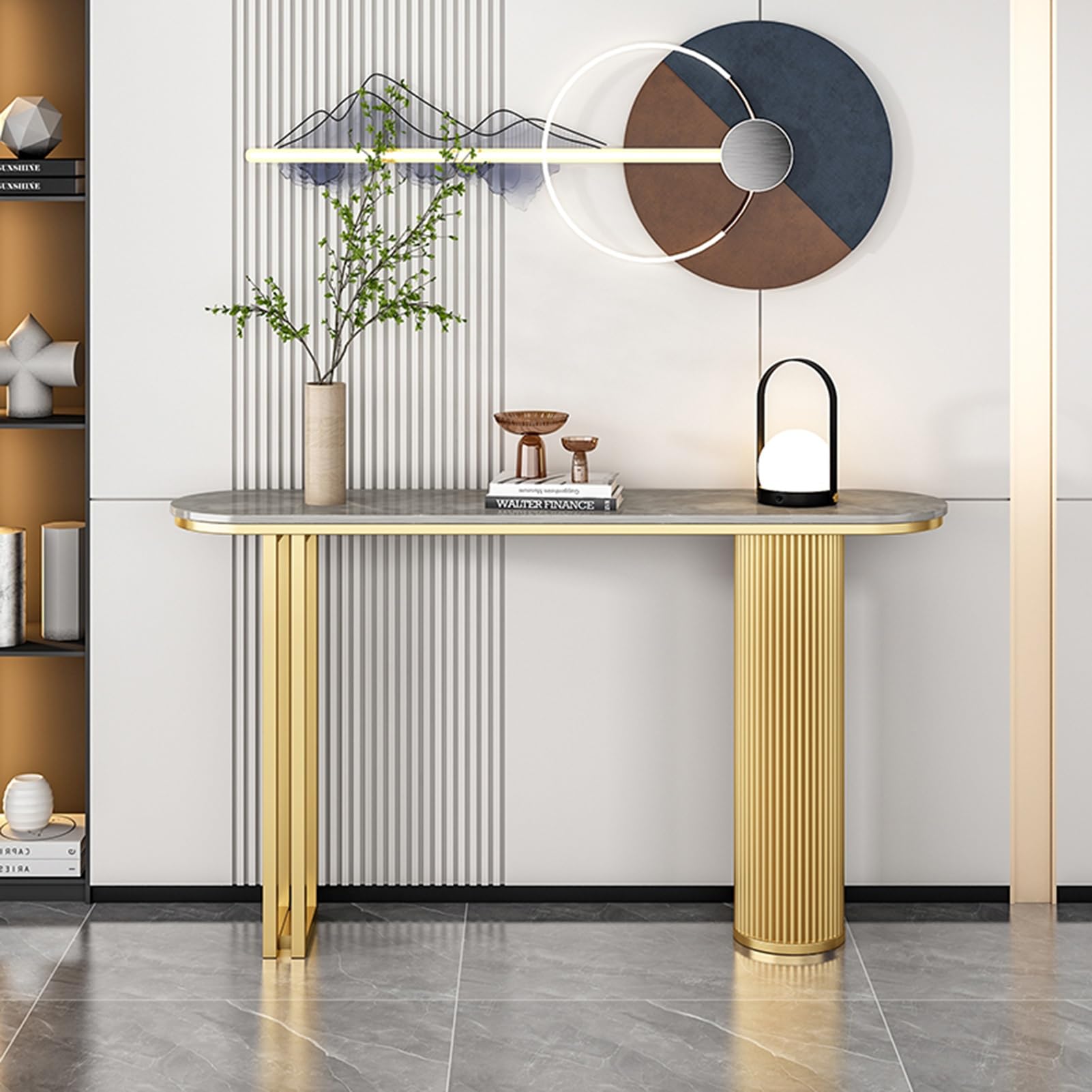 Mesa consola estrecha para recibidor, mesa de recibidor moderna con patas metálicas geométricas, mesas auxiliares, mesa de recibidor con espacio de almacenamiento, mesa de recibidor rústica para pas