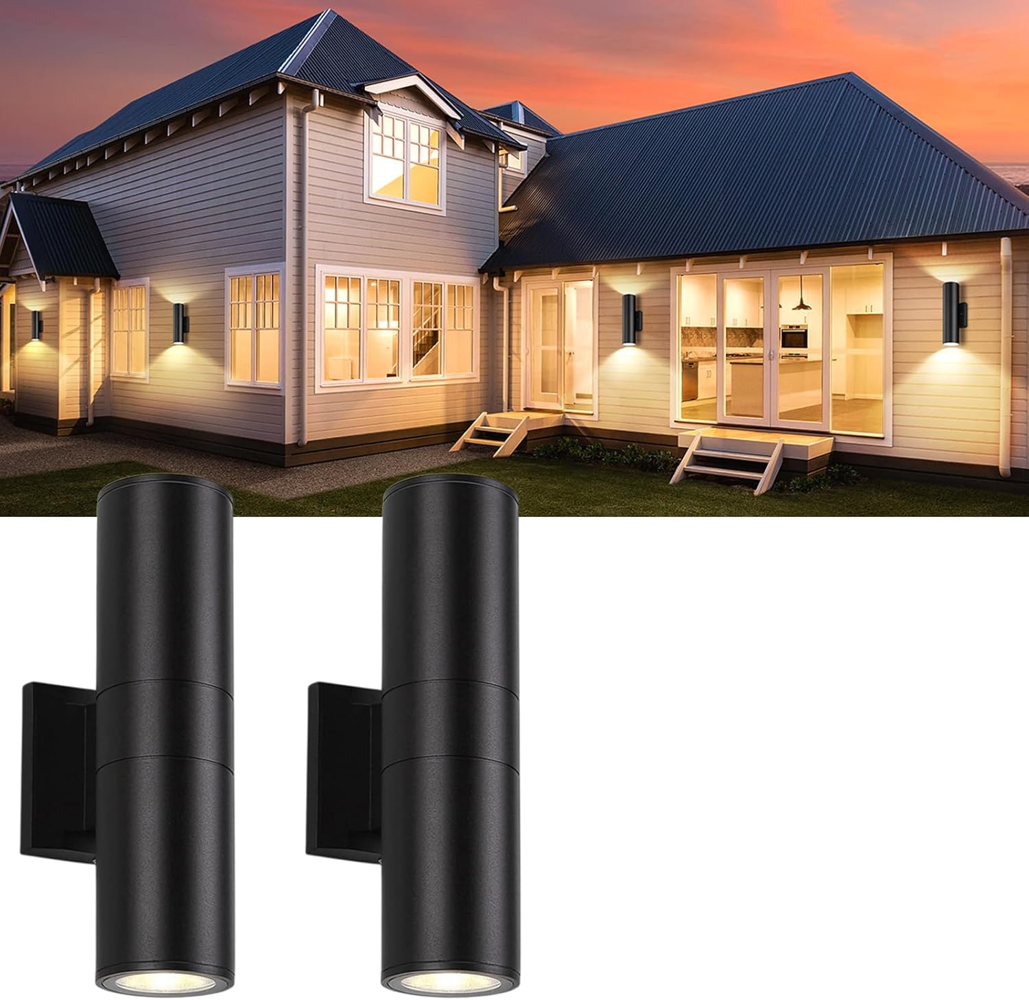 2Pack 14inch Outdoor Wall Light Fixtures, 14W Exterior Waterproof Modern Matte Black Wall Lamps with Cylindrical Aluminum Body,Porch Light for Front Door Patio Garden