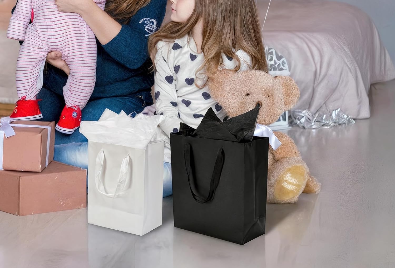 Papertide 30 Pack Black Gift Bags 8x5x10 inch with Tissue Paper, Reusable Mini Gift Bags for Jewelry, Candles, Cosmetics, Birthday, Party Favors, Thank You Gifts