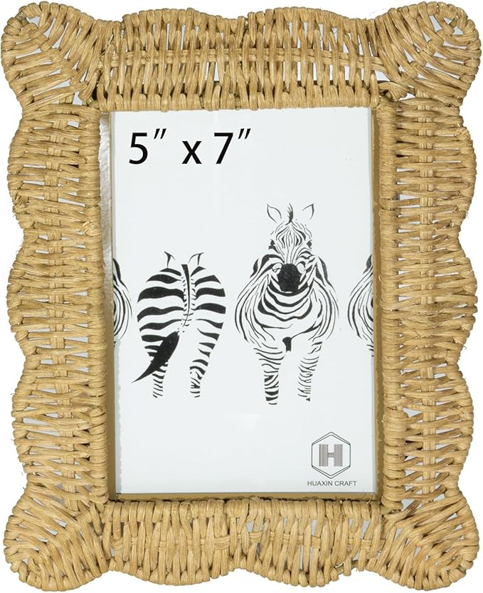 Woven Wicker Picture Frame, 5 x 7 inches with Zebra Design, Rattan Photo Frame with Bohe Style for Tabletop Display (5X7)