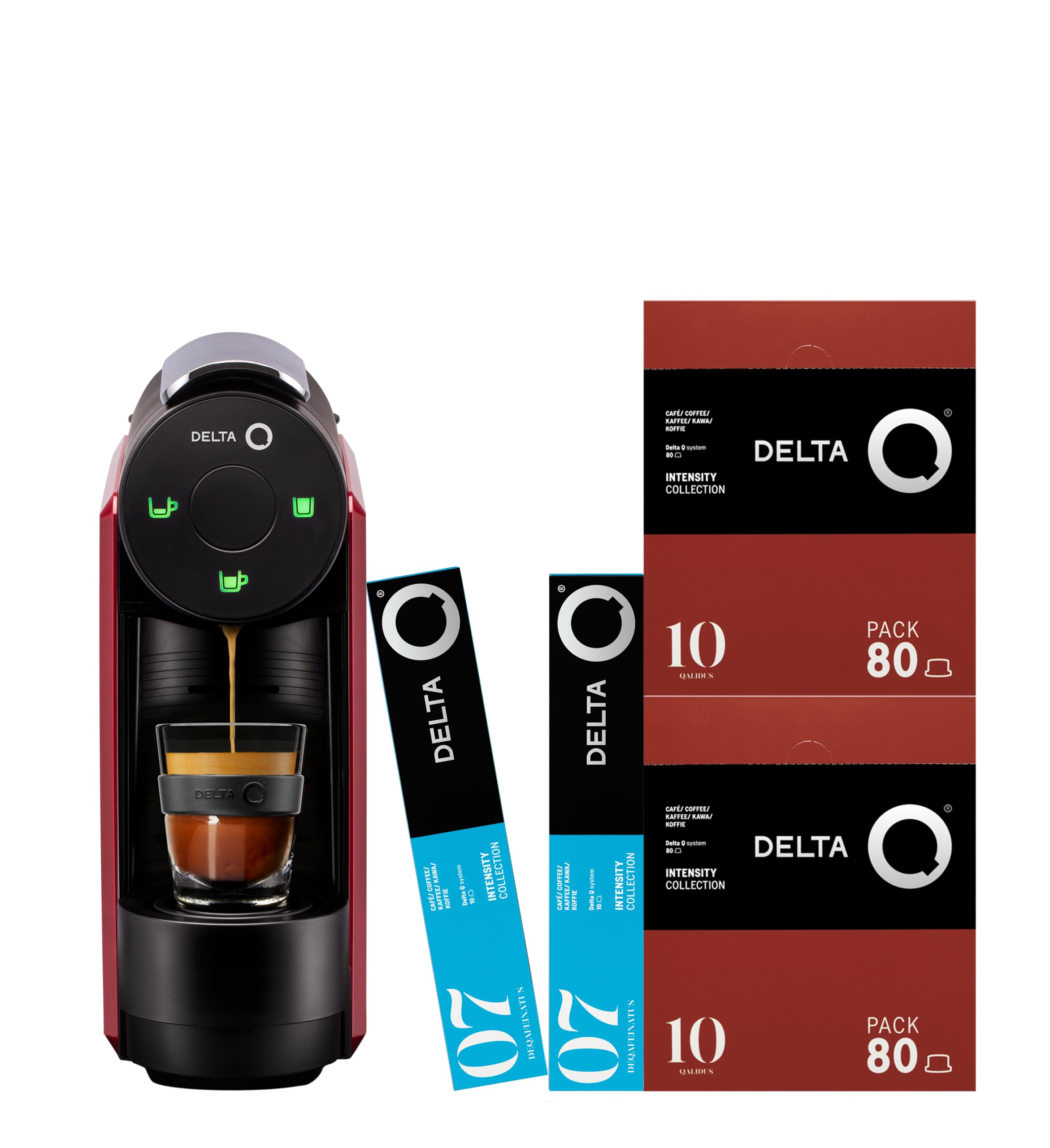 Delta Q Machine à Capsules MiniQool Rouge, Inclus 180 Capsules | 19 Bars de Pression, Réservoir 0,6 L, Inclus 160 Caps Qalidus et 20 Caps Décaféinées, Design ultra-compact