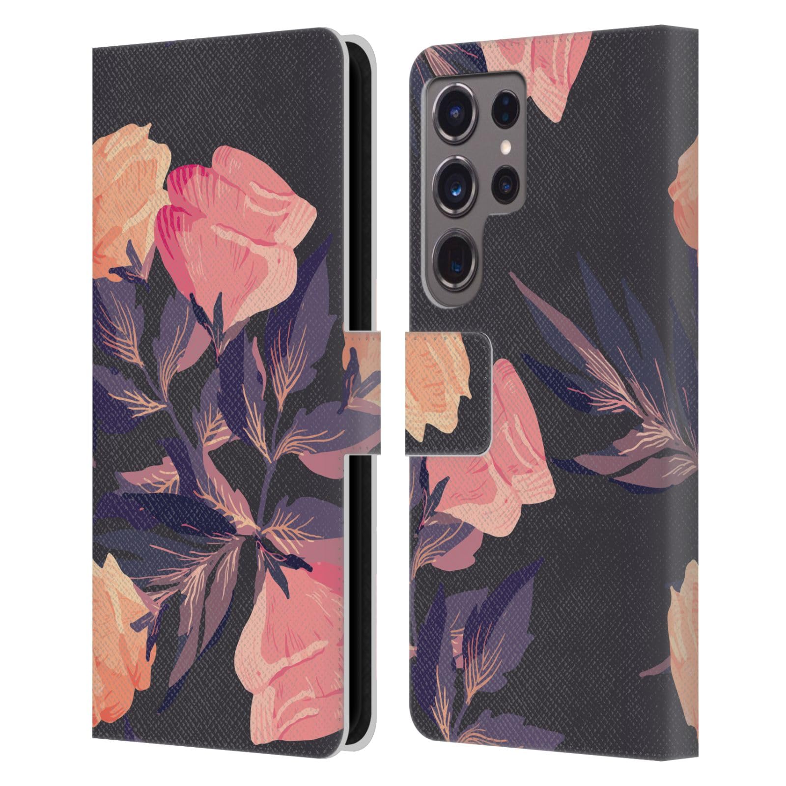 Carcasa de cuero Galaxy S24 Ultra tipo libro con tarjetero y soporte estampado flores pasteles 7