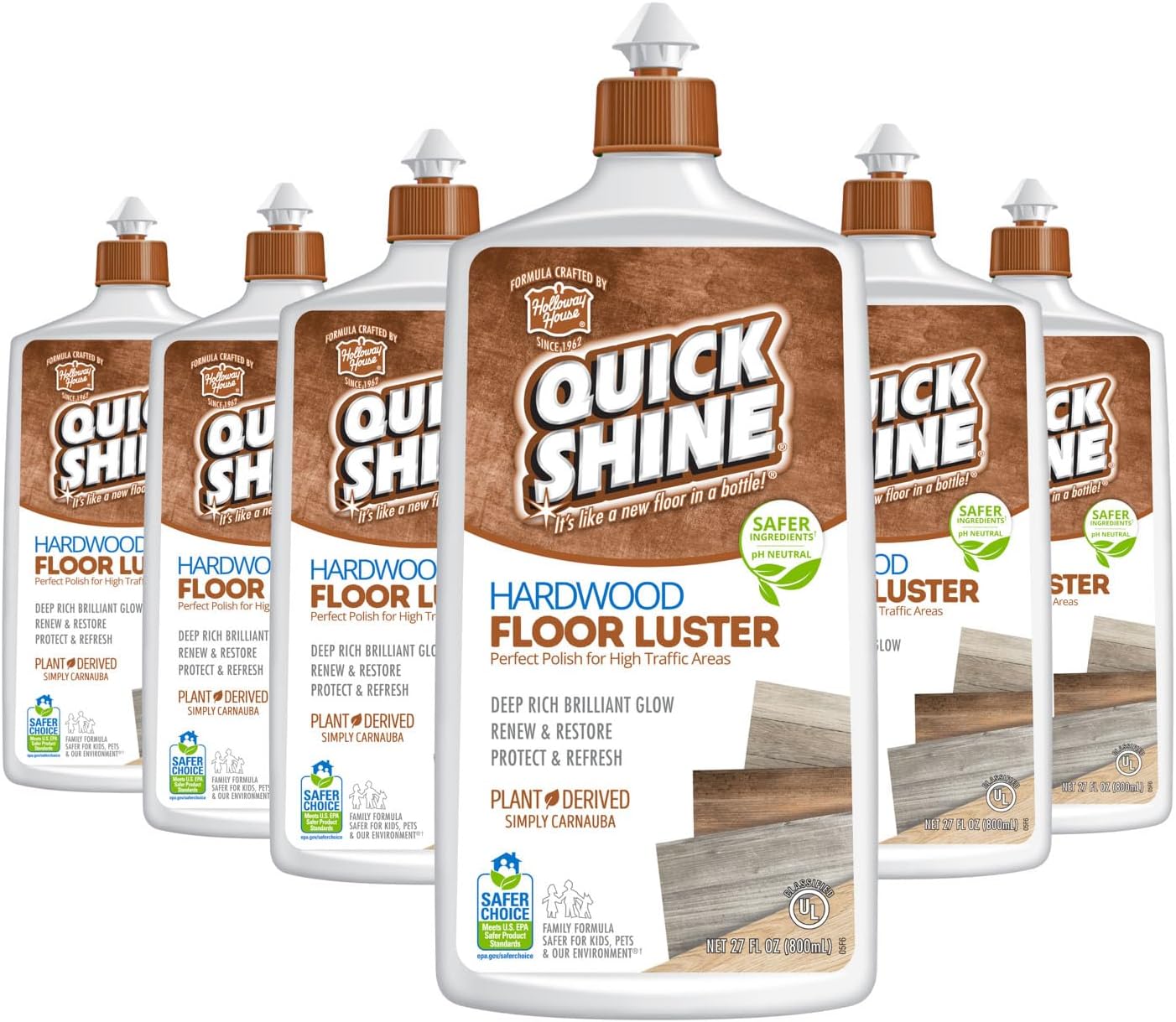 Quick Shine Hardwood Floor Luster-Polish 27oz-6pk | Plant-Derived w/Carnauba | Safer Choice, No PFAS, pH Neutral | Ready to Use Formula w/Anti-Slip Technology | Simply Squirt & Spread | Made in USA