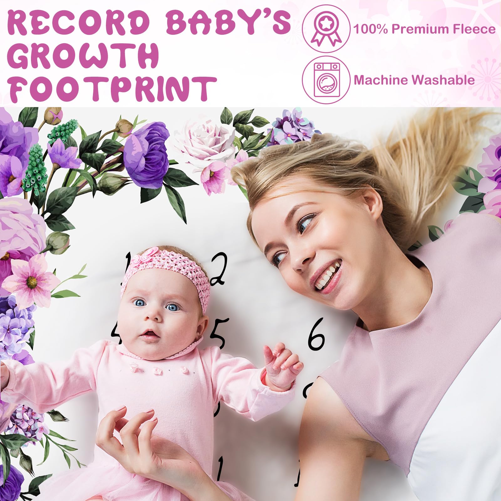 Chumia Manta mensual de hitos para bebé niña de 59 x 39 pulgadas, manta floral de mariposa para fotos, manta de hito de la edad del bebé con 2 marcos de corona floral de fieltro (morado)