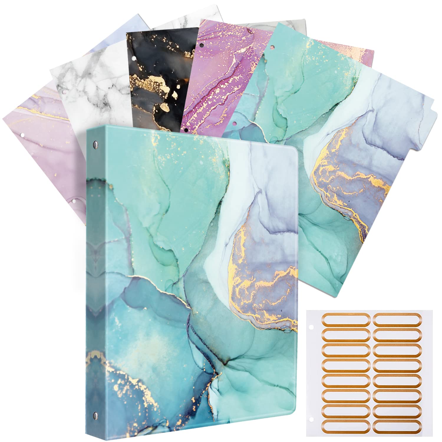 WAVEYU  Cute Marble 3 Ring Binder, 1 Inch Ring Binder (Letter-Size) with Interior Pockets, with 5 Different Marble Tab Dividers, File Folder Labels, Decorative Binder for Office Supplies, Green Marble