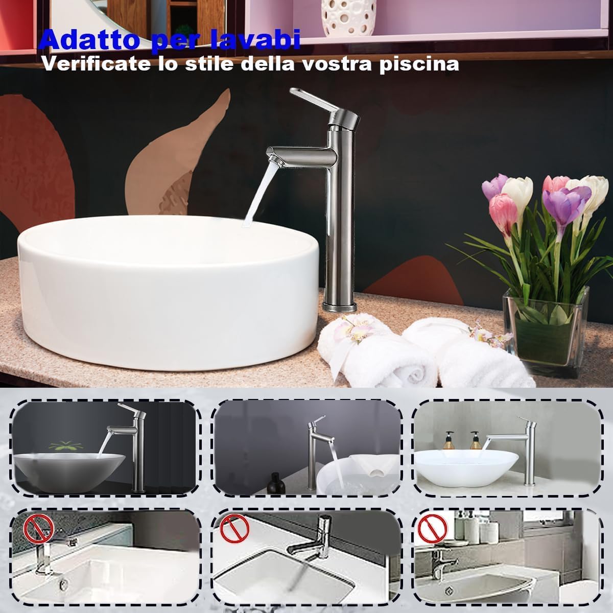 XWIHTR Rubinetti per lavabo e bagno caldi e freddi in acciaio inox, con risparmio idrico silenzioso e senza gocciolamento per bagno, lavabo, piccoli rubinetti da cucina (spazzolato - alto)