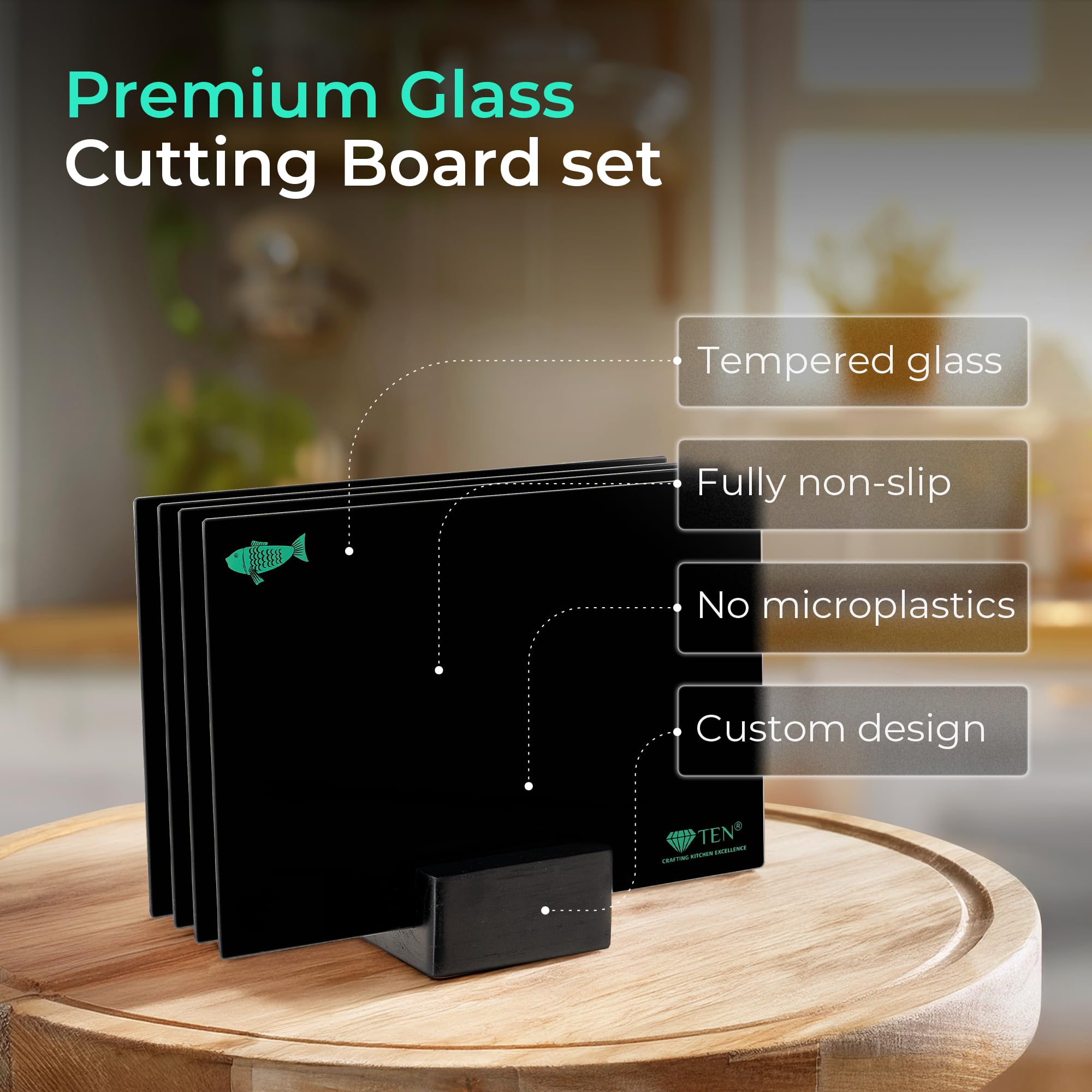 TEN Schneidebrett Glas Set 4-teilig mit Holzhalter – Glasschneidebrett spülmaschinenfest - Schneidebretter ohne mikroplastiki – Schneidebrett aus gehärtetem Sicherheitsglas 20 x 30 cm