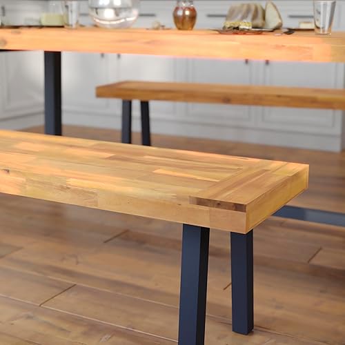 Miniatura 4 de BizChair Banco de madera de acacia maciza, parte superior de listones con acabado natural, patas de madera acampanadas negras, 500 libras. Capacidad
