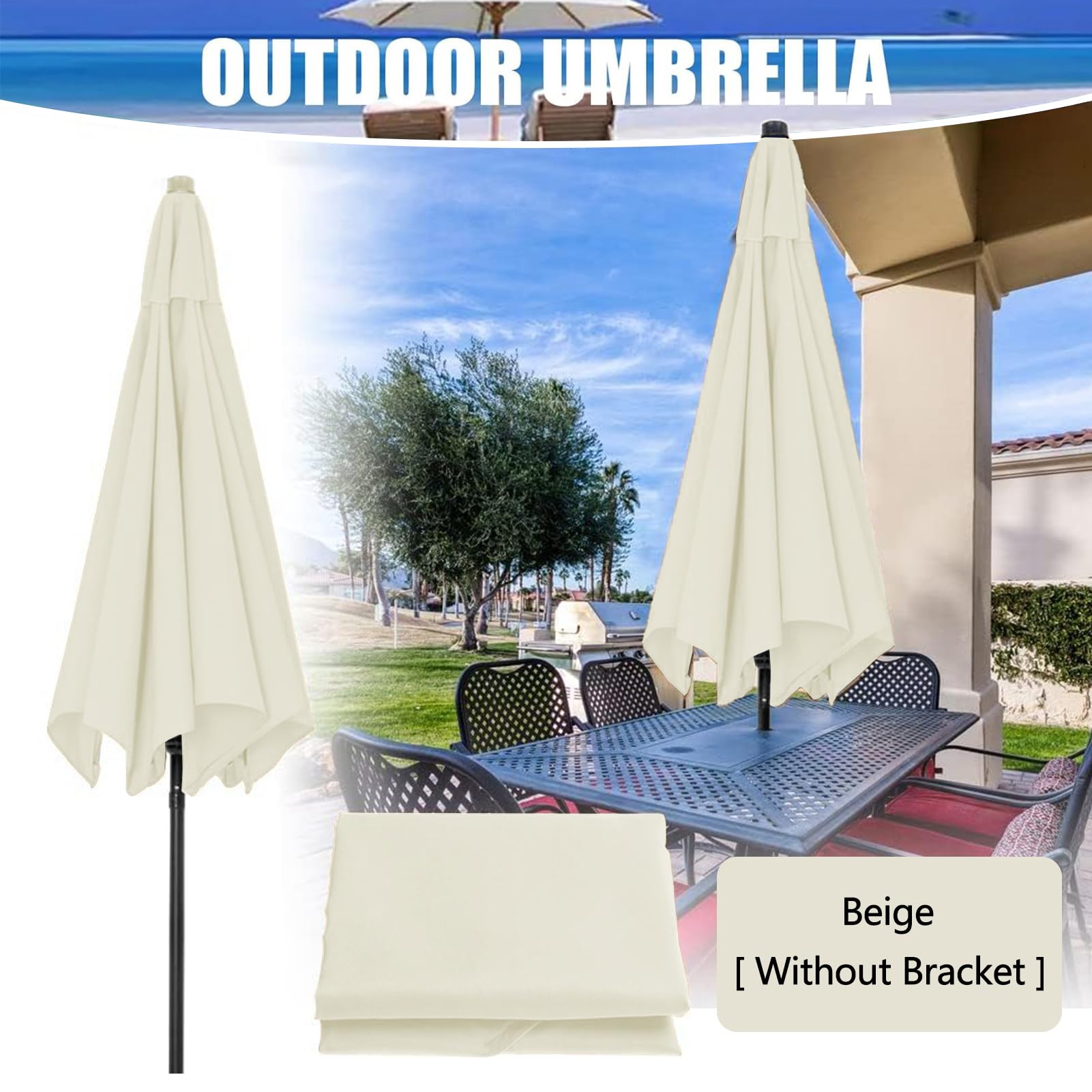HULG Tettuccio per Ombrellone di Ricambio, 2 m / 2,7 m / 3 m, 6 Bracci, Tettoia di Ricambio, Copertura di Ricambio per Ombrellone da Giardino (Beige,3M / 9.8Ft)