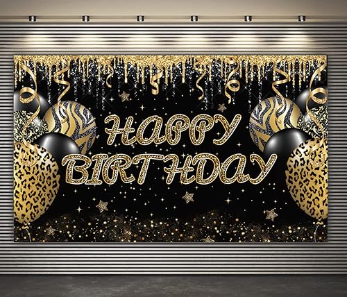 Miniatura 4 de Telón de fondo grande de leopardo dorado con texto en inglés "Happy Birthday", enorme pancarta de guepardo para decoración de fiestas, fondo de