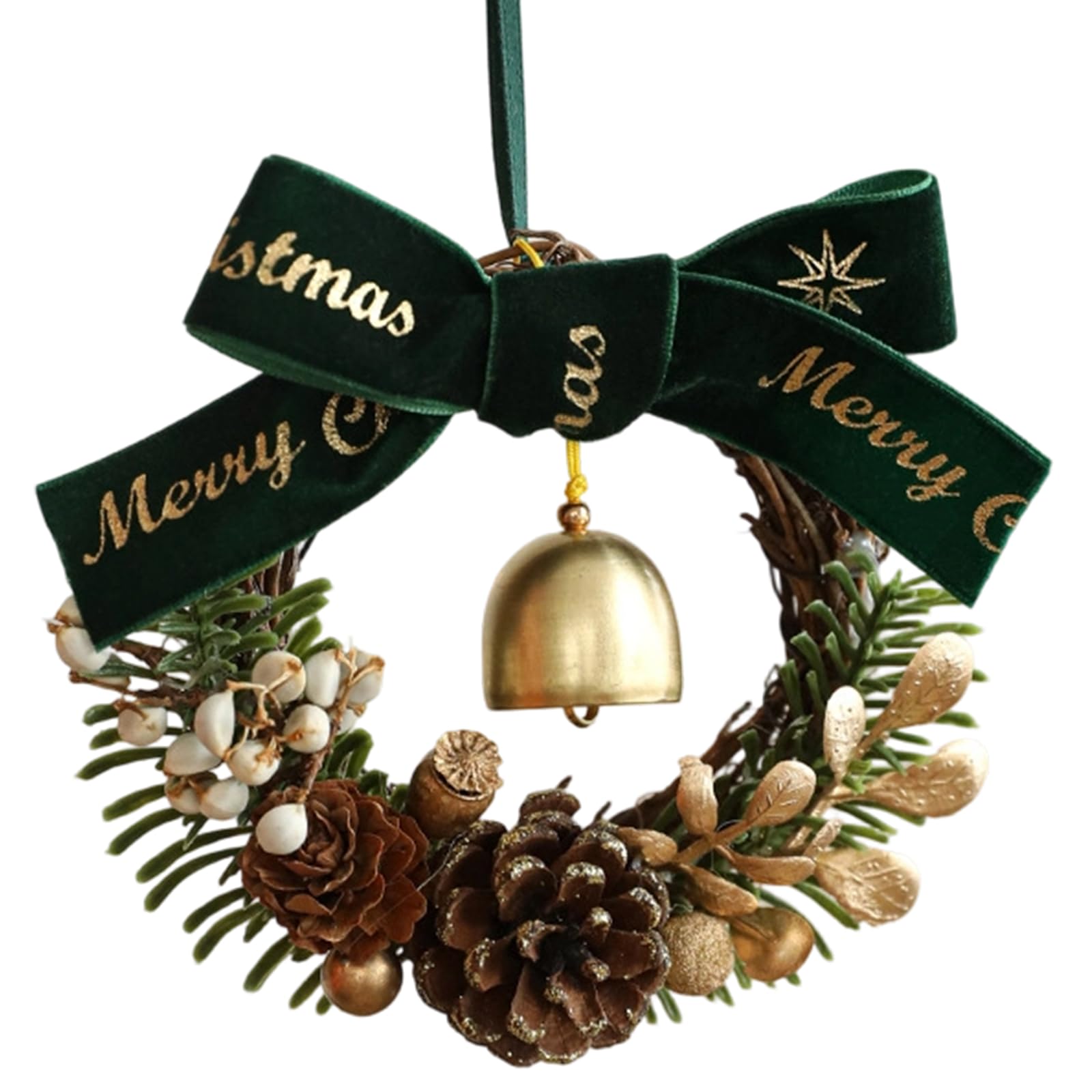 Miniature Holiday Wreath with Bucolic Pinecones Golden Bells and Velvety Bowknot Indoor Outdoors Christmas Decorations Pinecone Fruit Handbell Ornament Car Christmas Ornament