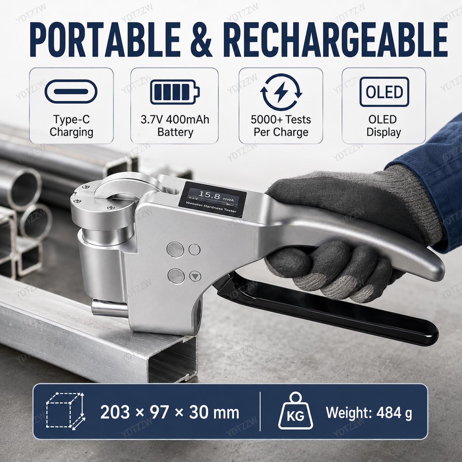 Durómetro Digital Webster, medición portátil de la dureza del Aluminio, Rango de 0 a 20 HWA, Espesor de 0,6 a 8 mm, resolución de 0,1 HWA, precisión de ±0,5 HWA, para perfiles, láminas y Tubos