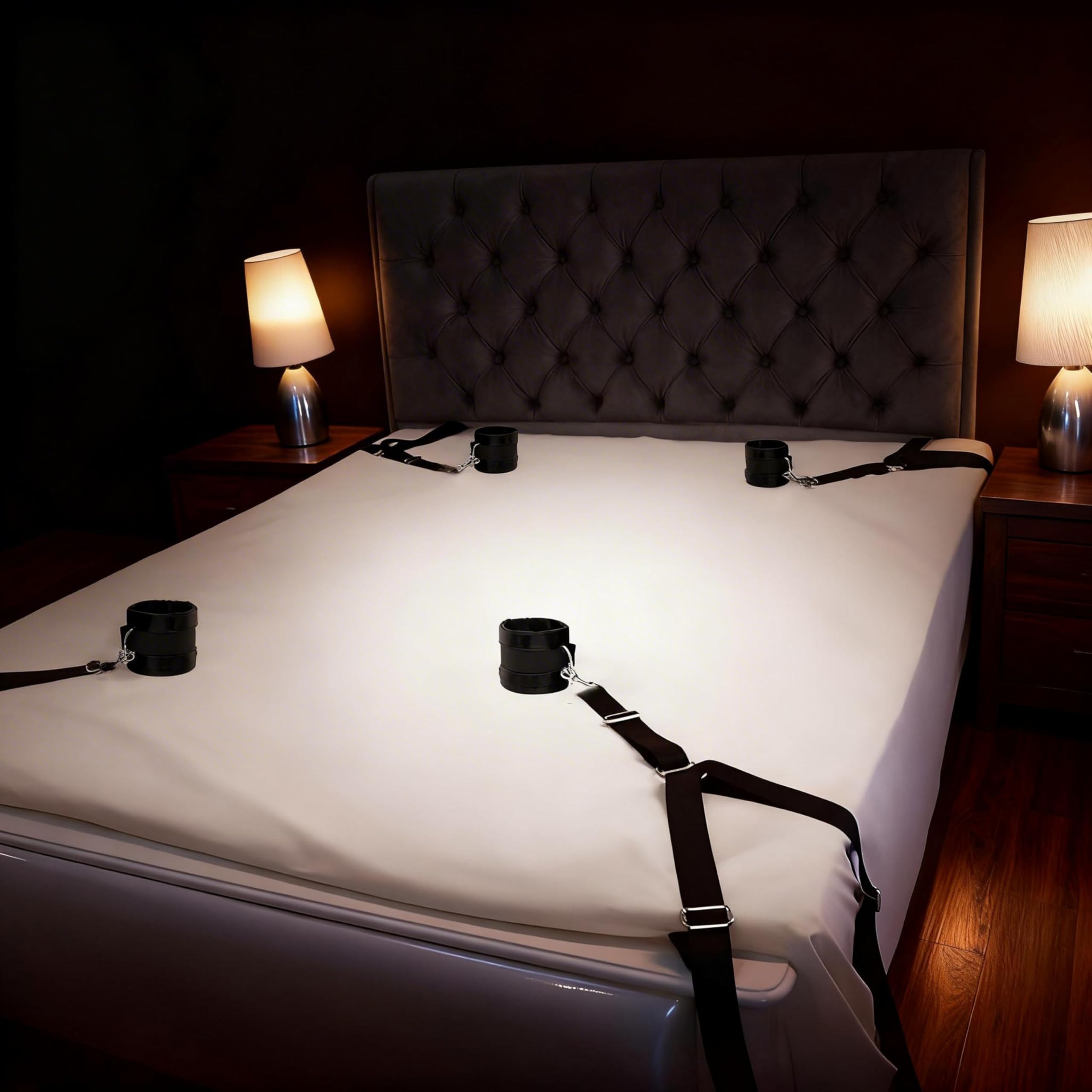 Ensemble FOPS Bondage pour lit Système d'attache réglable pour matelas jusqu'à 200x220cm incluant fouet en cuir de 70cm menottes entraves pour pieds bandeau en cuir & masque en satin Ensemble BDSM