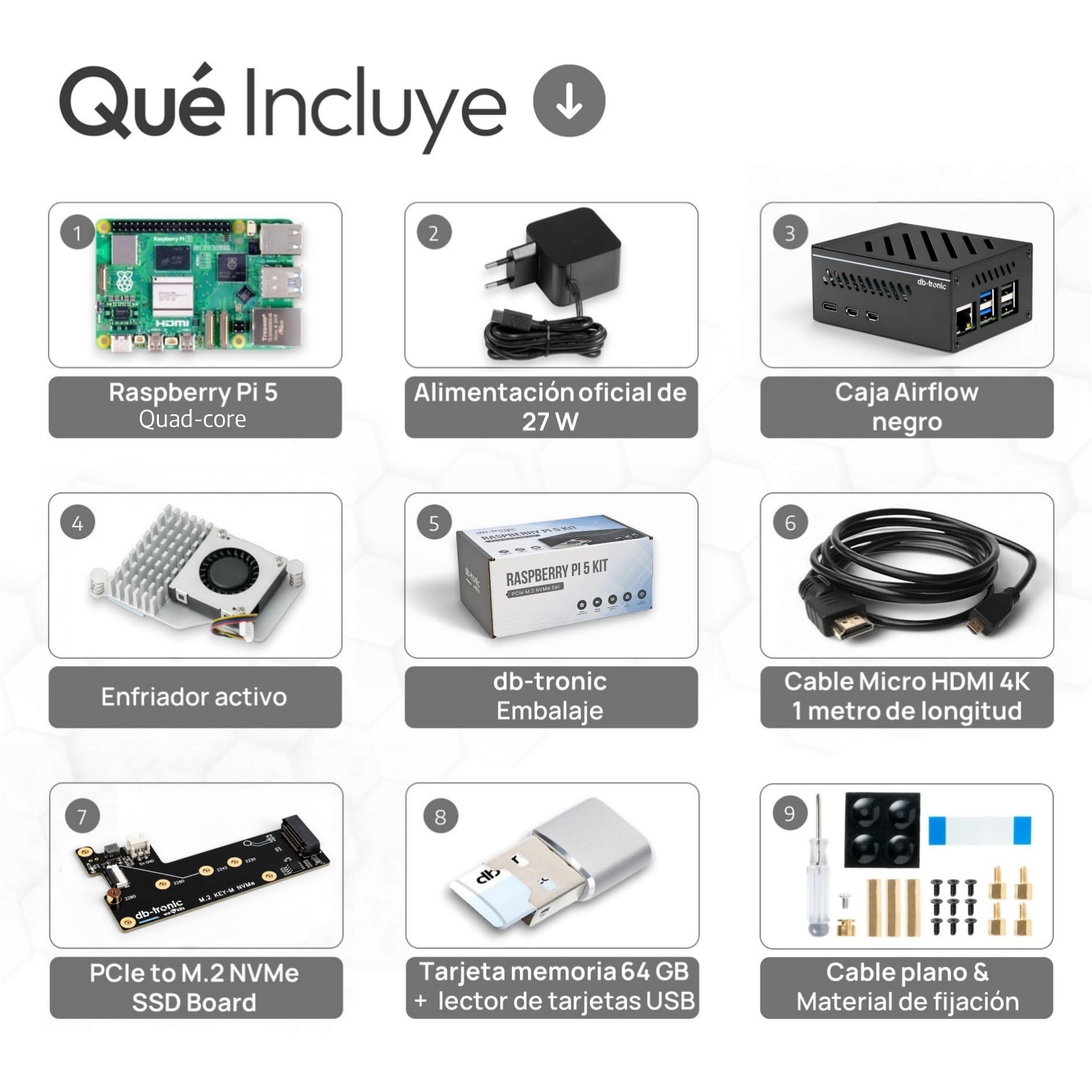 db-tronic Raspberry Pi 5 4 GB NVMe Kit 64 GB 27 W Carcasa metálica Refrigeración Activa SSD M.2 NVMe PCIe