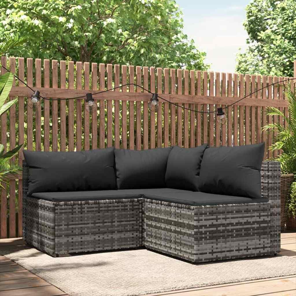 3 Piece Patio Lounge Set with Cushions Gray Poly Rattan, Weather-Proof PE Rattan and Powder-Coated Steel Frame for Outdoor Relaxation, Modular Design Garden Furniture