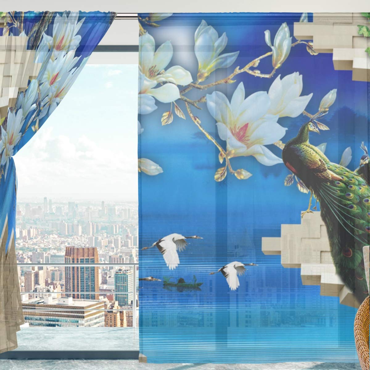 Mnsruu Voilage Rideaux Fleurs Paon Oiseaux Doux Voilage Voilage Voilage Voilage Voilage Voilage Rideaux Fleurs Paon Oiseaux Doux pour Chambre Salon 140 x 213 cm 2 Panneaux
