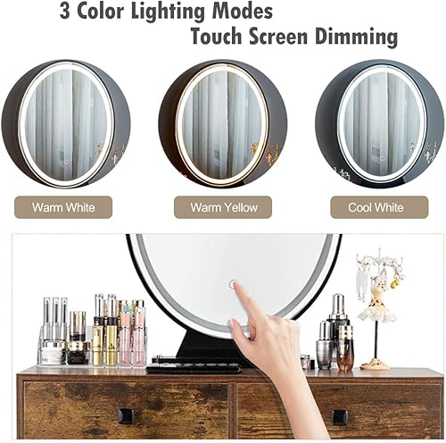 Miniatura 19 de CHARMAID Mesa de tocador de maquillaje con espejo iluminado, 3 juegos de iluminación, brillo ajustable, 2 cajones grandes, cajas de almacenamiento