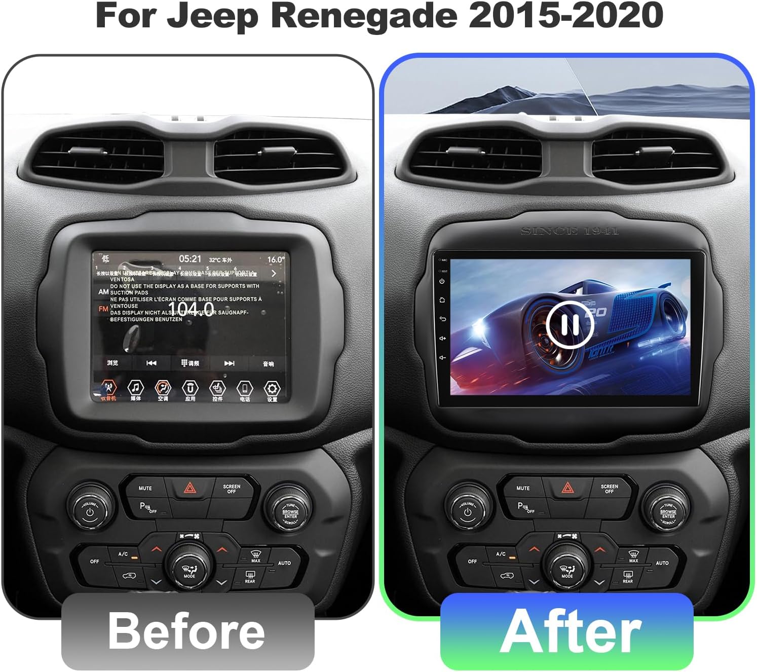 9 Inch IPS Touchscreen Android 14 Car Stereo for Jeep Renegade 2015-2020 with Wireless CarPlay & Android Auto 2+32GB Car Radio, Support WiFi 6, Bluetooth,5.4, Backup Camera, SWC