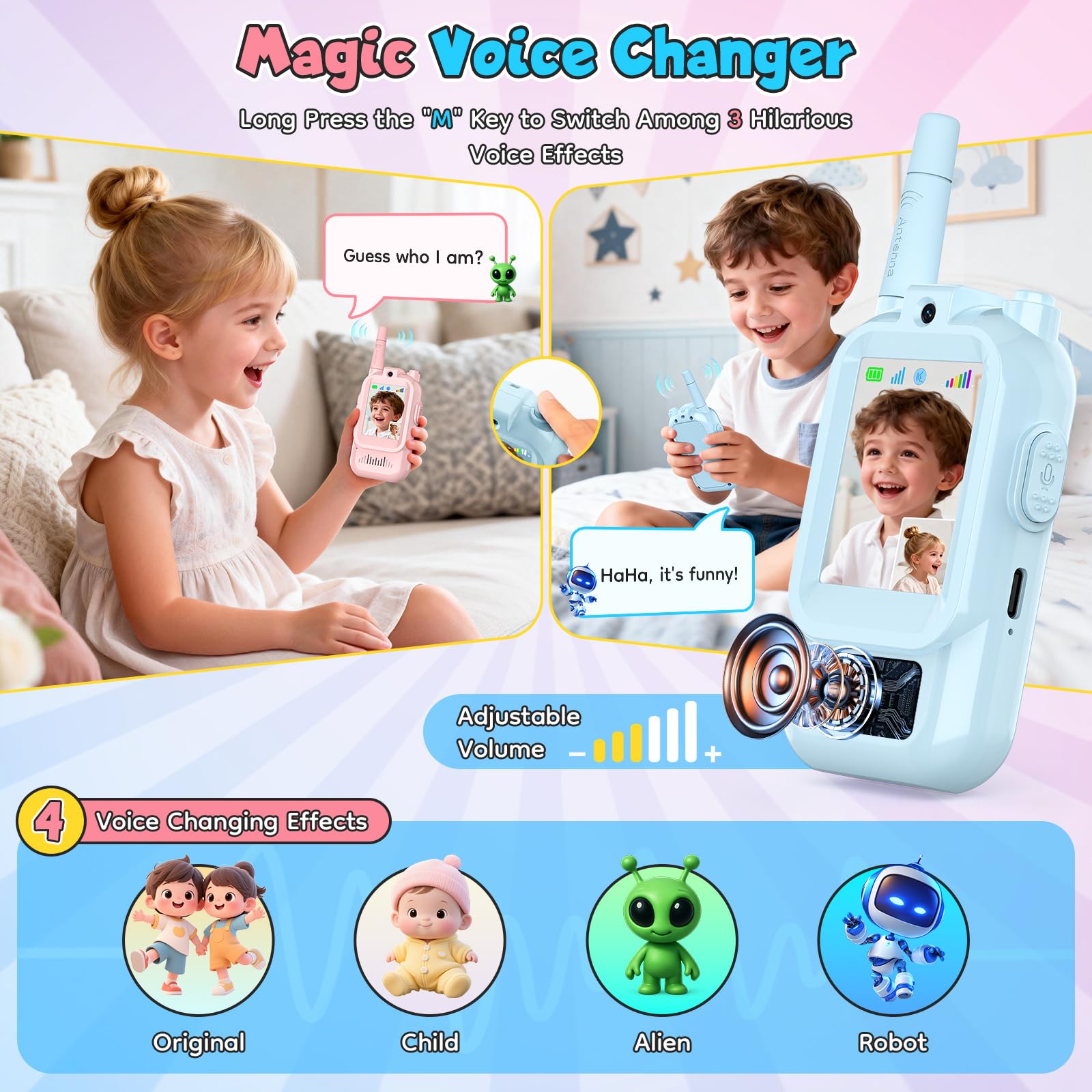 Video Talkie Walkie Enfants, 2 Pack Talkie Walkies Rechargeable avec Voix Changée & Caméra HD, Talkie- Walki e Longue Portée, Jouet Cadeaux pour Garçons/Filles de 3 à 12 Ans