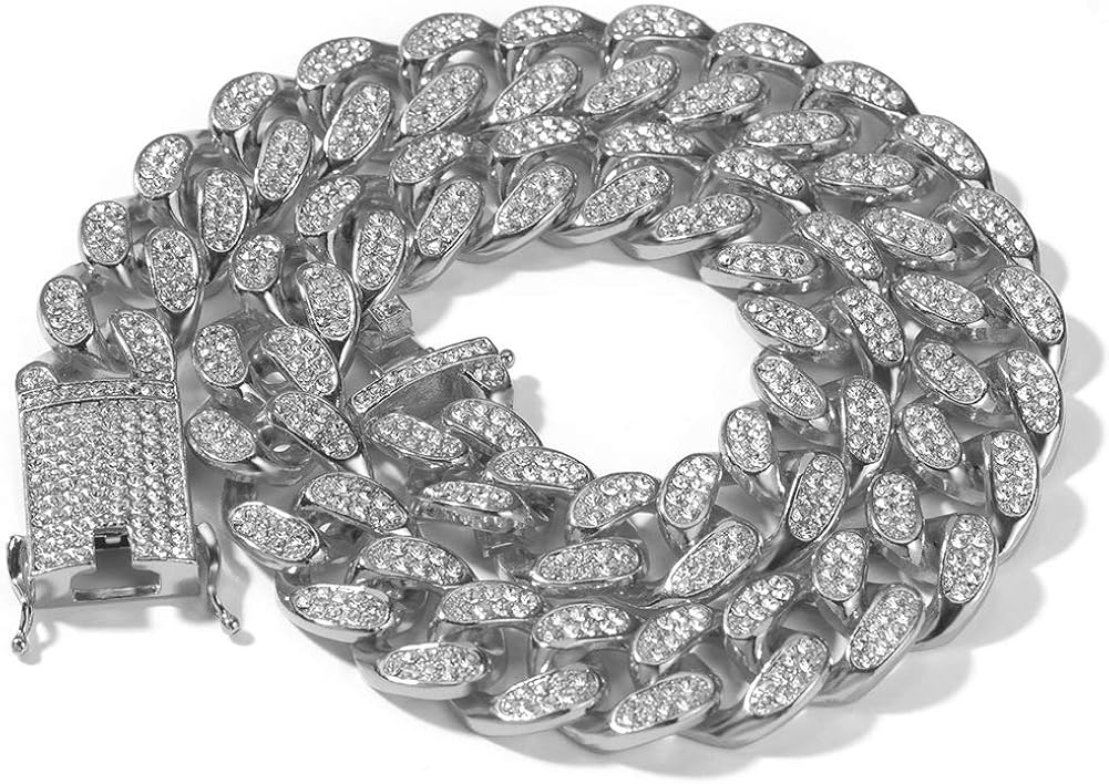 Moca Jewelry Collar de cadena cubana de Miami de Hip Hop Iced Out de oro blanco de 18 quilates, 20 mm de ancho, para hombres y mujeres