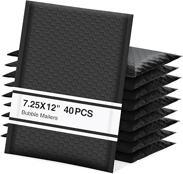 UCGOU Bubble Mailers 7.25x12" 40 Pack Usable Size 7.25x11" Black Bubble Bag | Waterproof Self Seal Adhesive Medium Padded Envelopes for Small Business Bulk Bubble Wrap Mailers for Mailing Jewelry Makeup