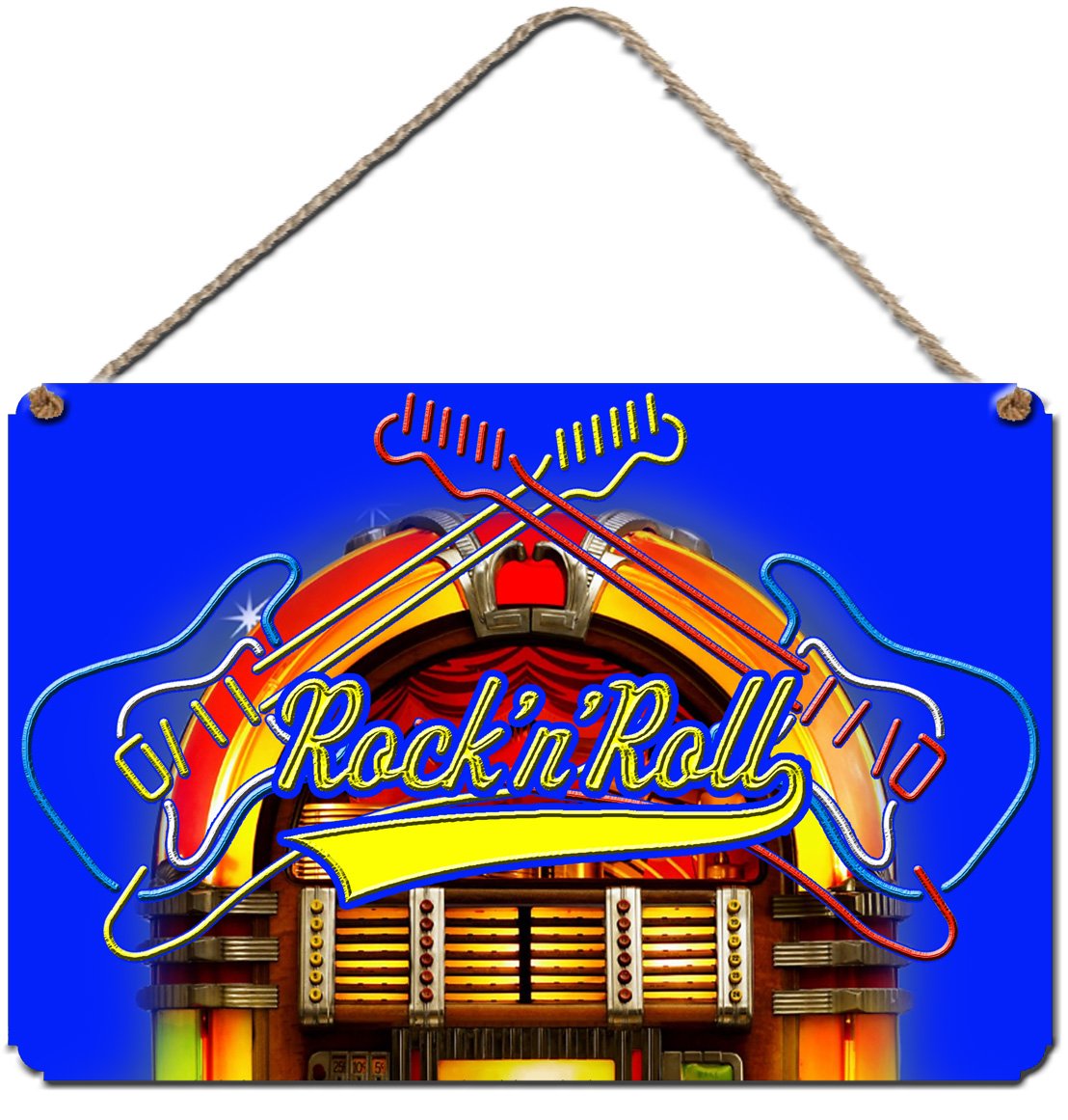 ROCK AND ROLL JUKEBOX WALL PLAQUE. 28cm X 19cm aluminium wall sign. Guitar and Wurlitzer Wall Sign. Can Be Personalised.