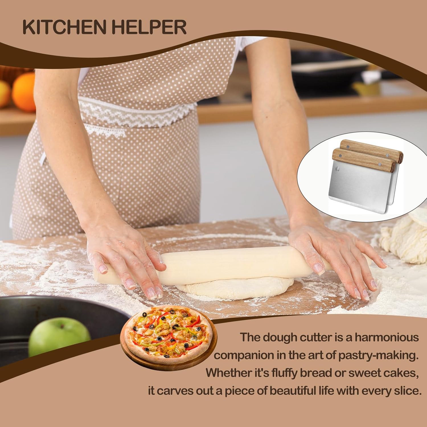Pastelera de 2 piezas con mango de madera, tarjeta de masa para pan, pizza, pasteles y verduras - Cuchillo de masa multifuncional para un procesamiento sin esfuerzo, corte, cangrejos