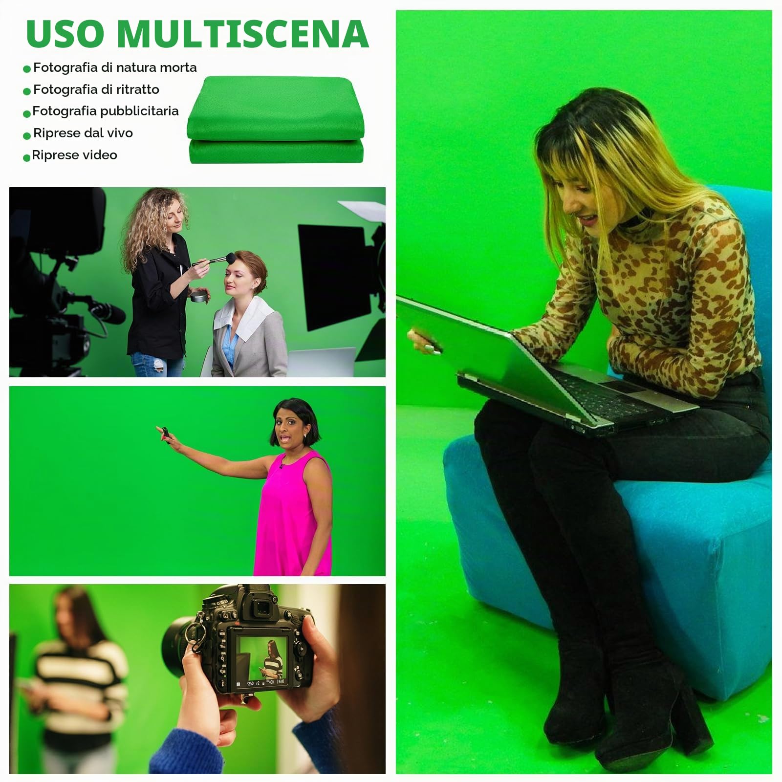 Green Screen Background 200 x 300 cm - Sfondo fotografico a schermo verde, lavabile con 6 morsetti, per foto e video