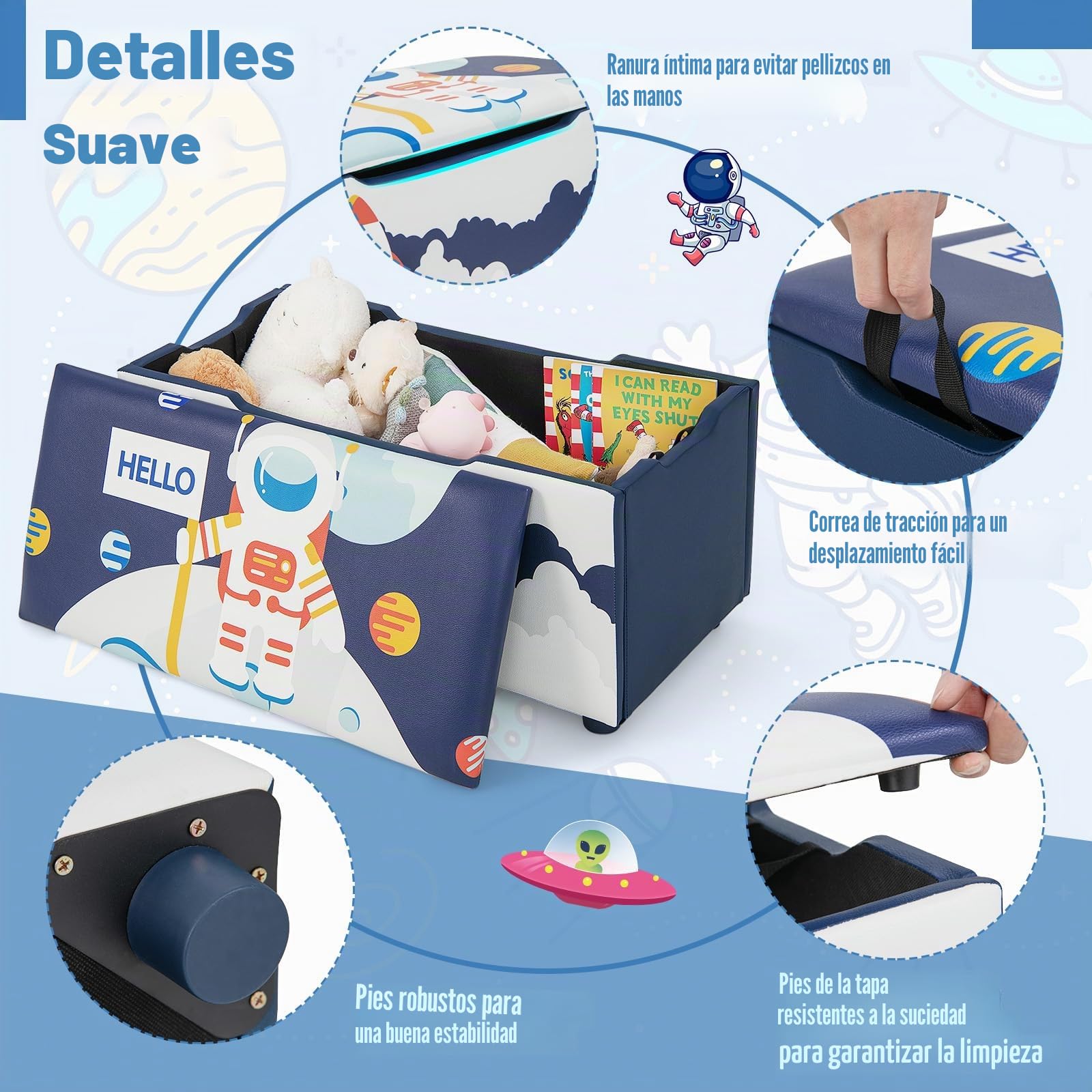 GOPLUS Caja de Almacenamiento 2 en 1 para Niños con Tapa Desmontable, Banco de Almacenamiento con Ranuras Antipinzamiento, Correa de Tracción, Caja de Almacenamiento, 75x36x38CM (Azul (astronauta))