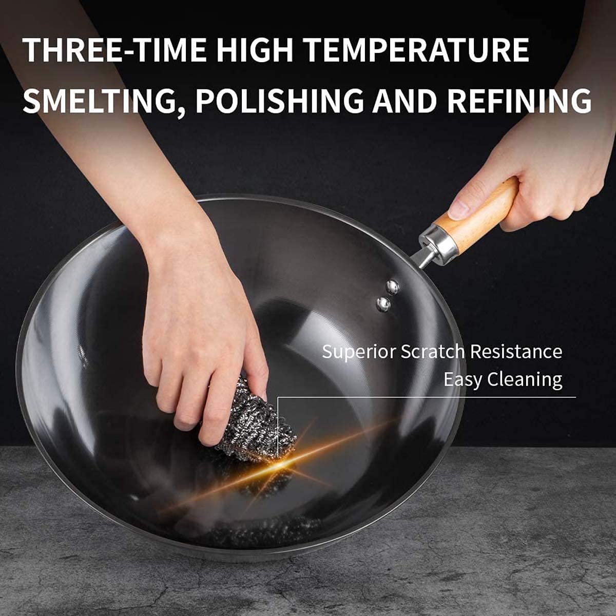 Wok e padelle antiaderenti, Wok in Ferro con Pala in Ferro, Padella Wok a Fondo Tondo Padella Antiaderente con Manico ergonomico, per Cucina Asiatica da Parte di cucine, 38 cm/ 15 Pollici ()