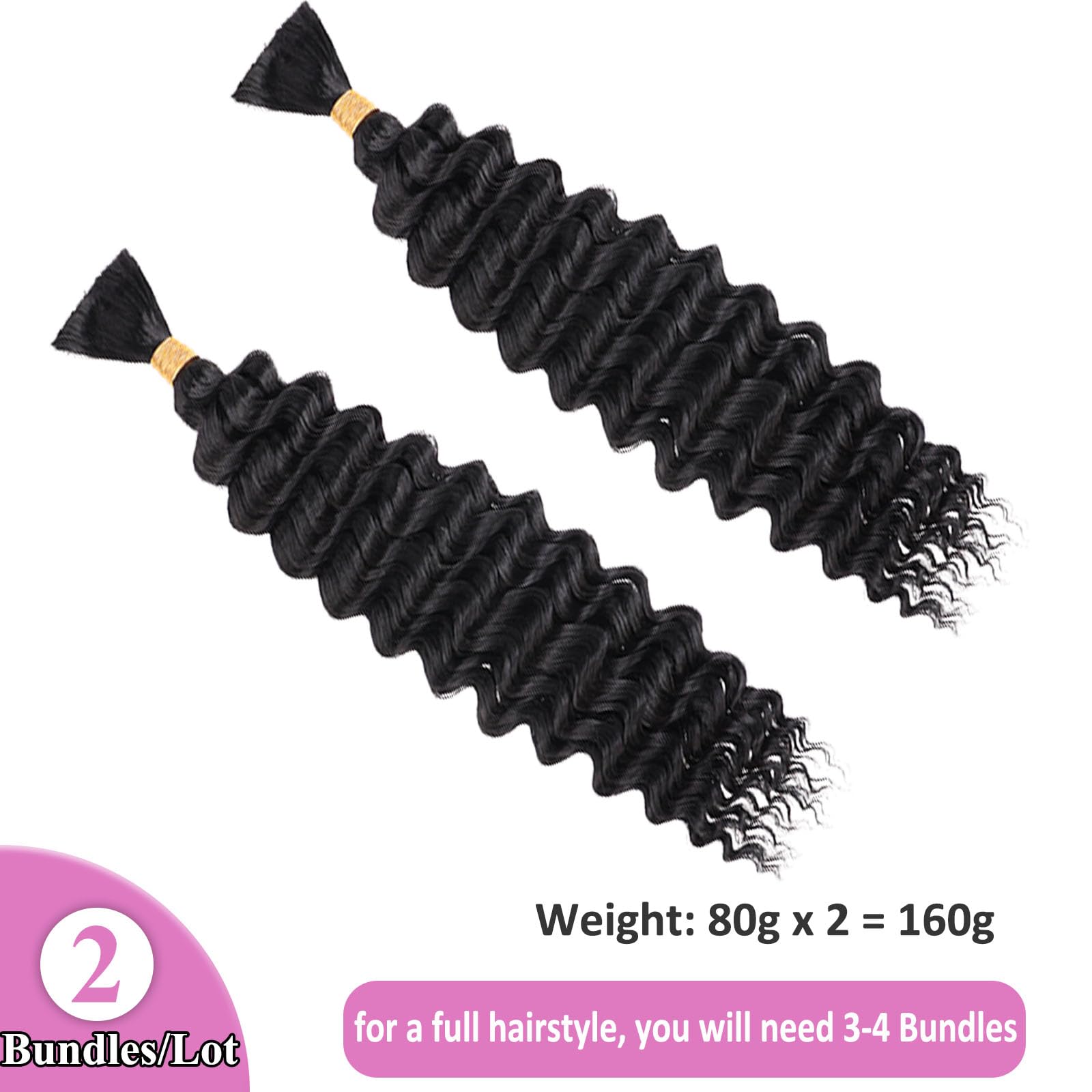 Extensiones de pelo rizado a granel de 18 pulgadas, pelo sintético y natural, ondulado, bohemio, ondulado, 2 paquetes para mujeres (#1B)