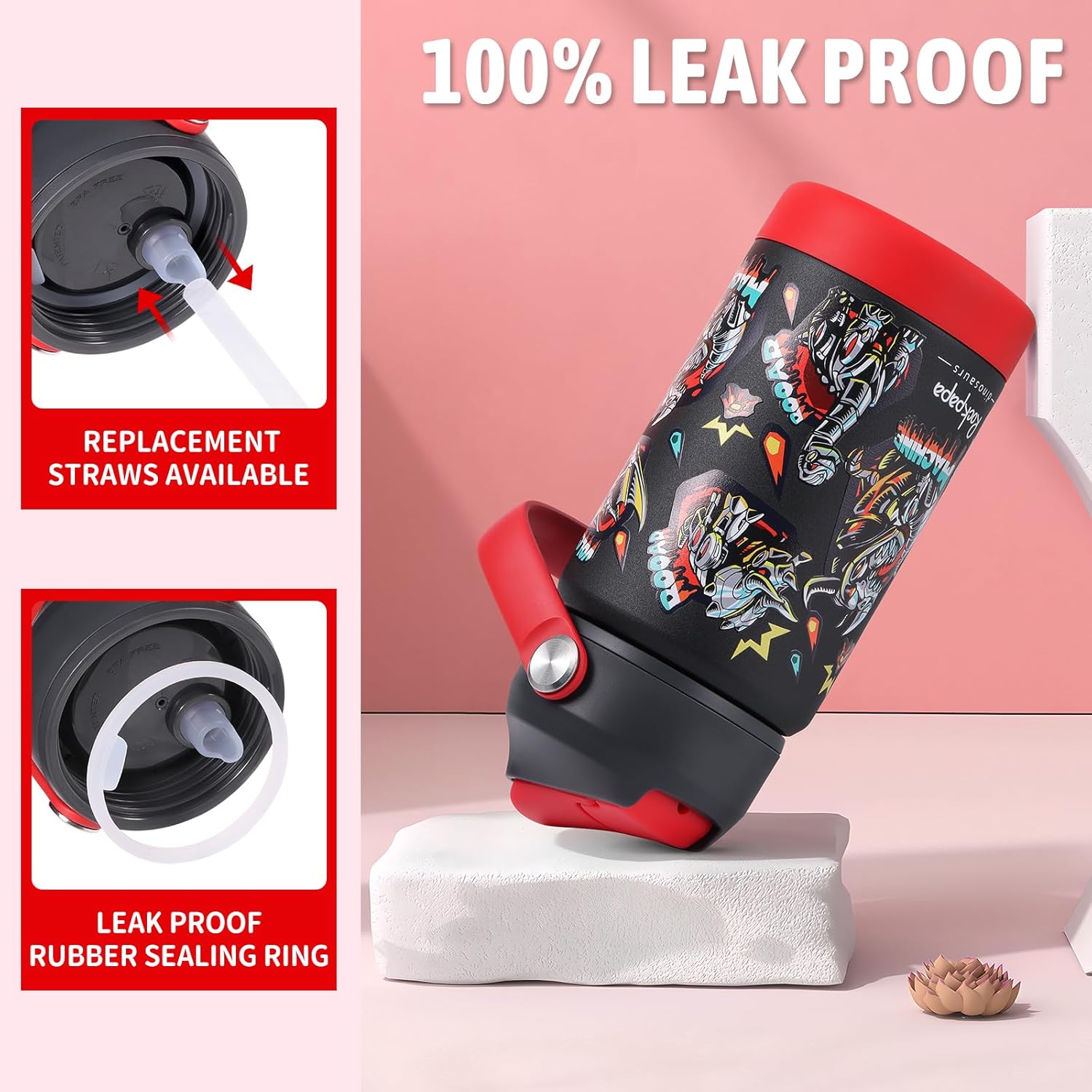 rockpapa 14 oz Kids Insulated Water Bottle,Stainless Steel Toddler Cups with Straws, BPA Free, Leak-Proof, Kids Water Bottle for School Boys&Girls (Black Dinosaur) - Image 4