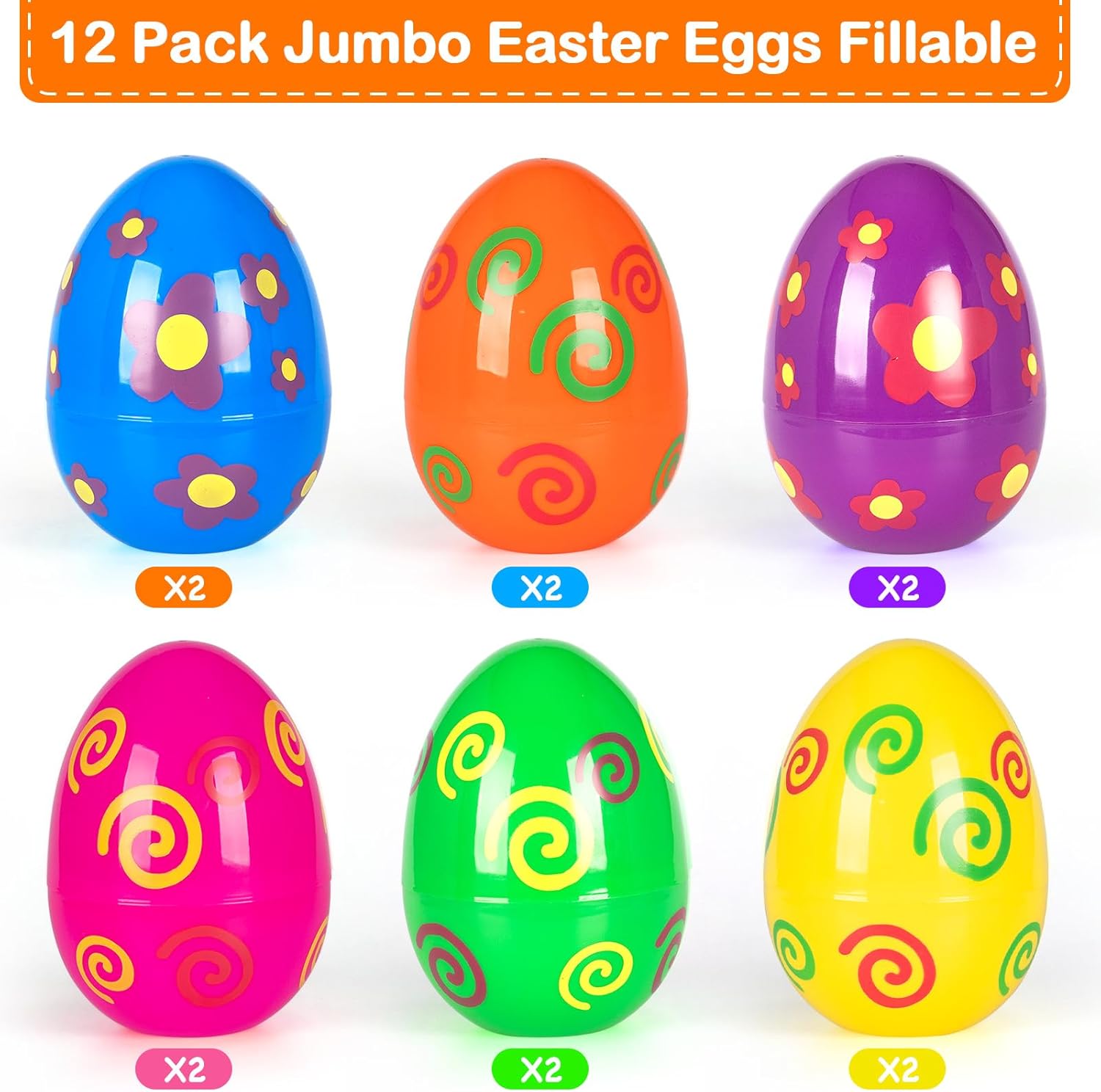 12 PCS 6" Jumbo Plastic Printed Easter Eggs, Giant Empty Easter Eggs Fillable Colorful Bright Eggs Bulk for Kids Boys Girls Classroom Prizes Easter Basket Stuffers Party Favors