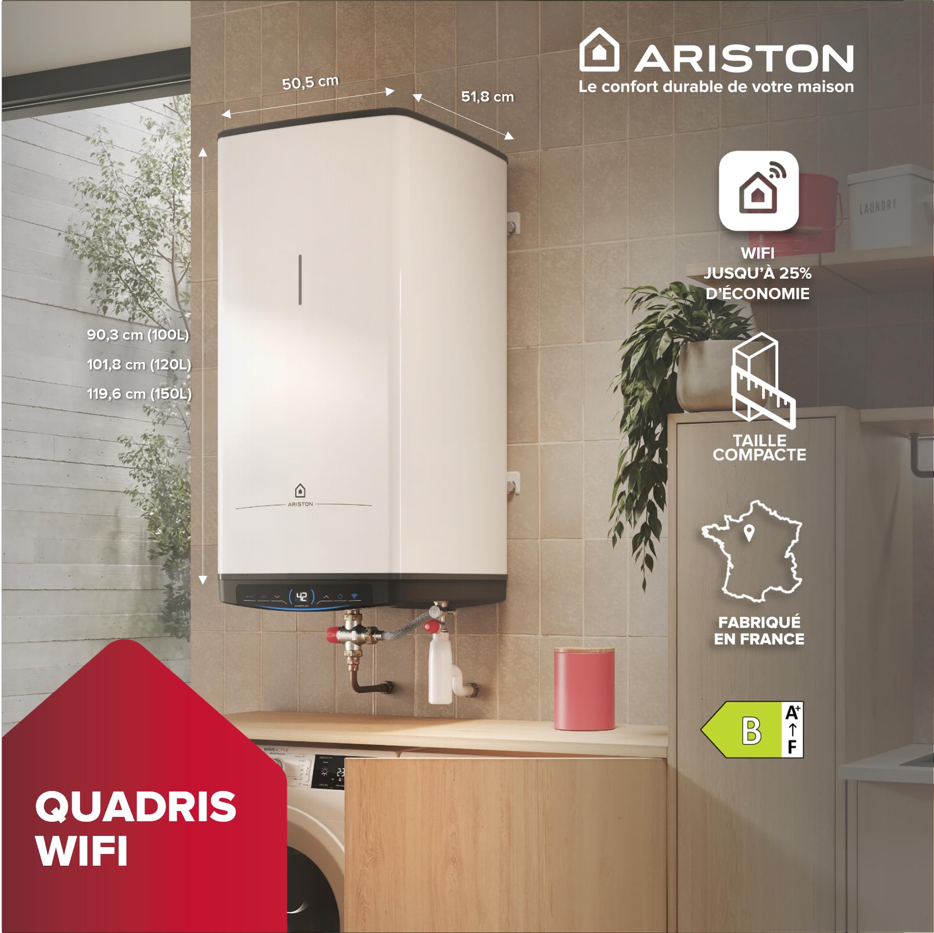 Ariston Quadris WiFi 120L, Chauffe Eau Électrique Compact, Intelligent, Connecté, Steatite, 25% d'Économie d'Énergie, Eco Evo, Fabriqué en France, Gain de place jusqu'à 1m2 au sol.